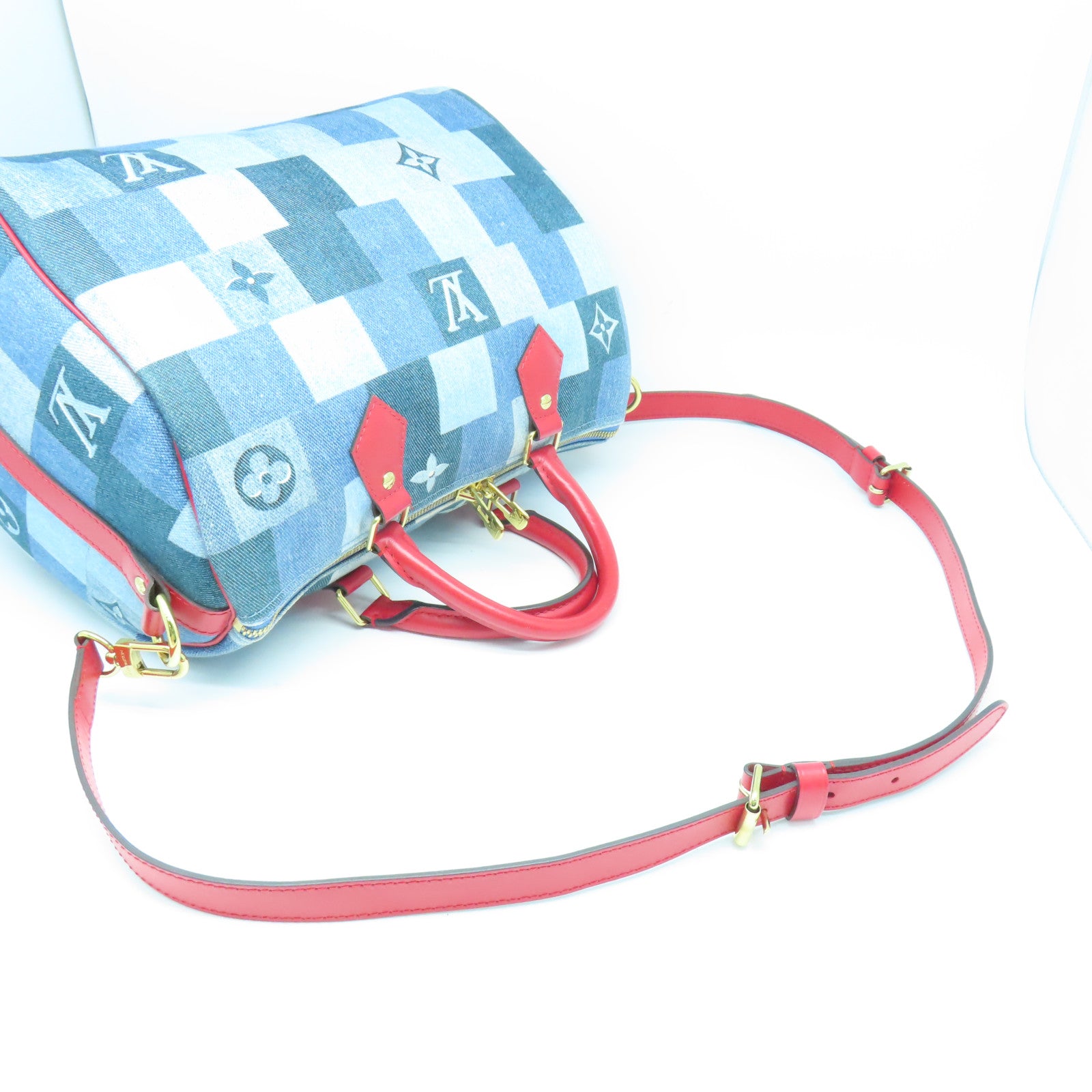LOUIS VUITTON 【激減優惠】Monogram Denim Speedy 30 Bandouliere金扣手挽肩背兩用袋藍色
