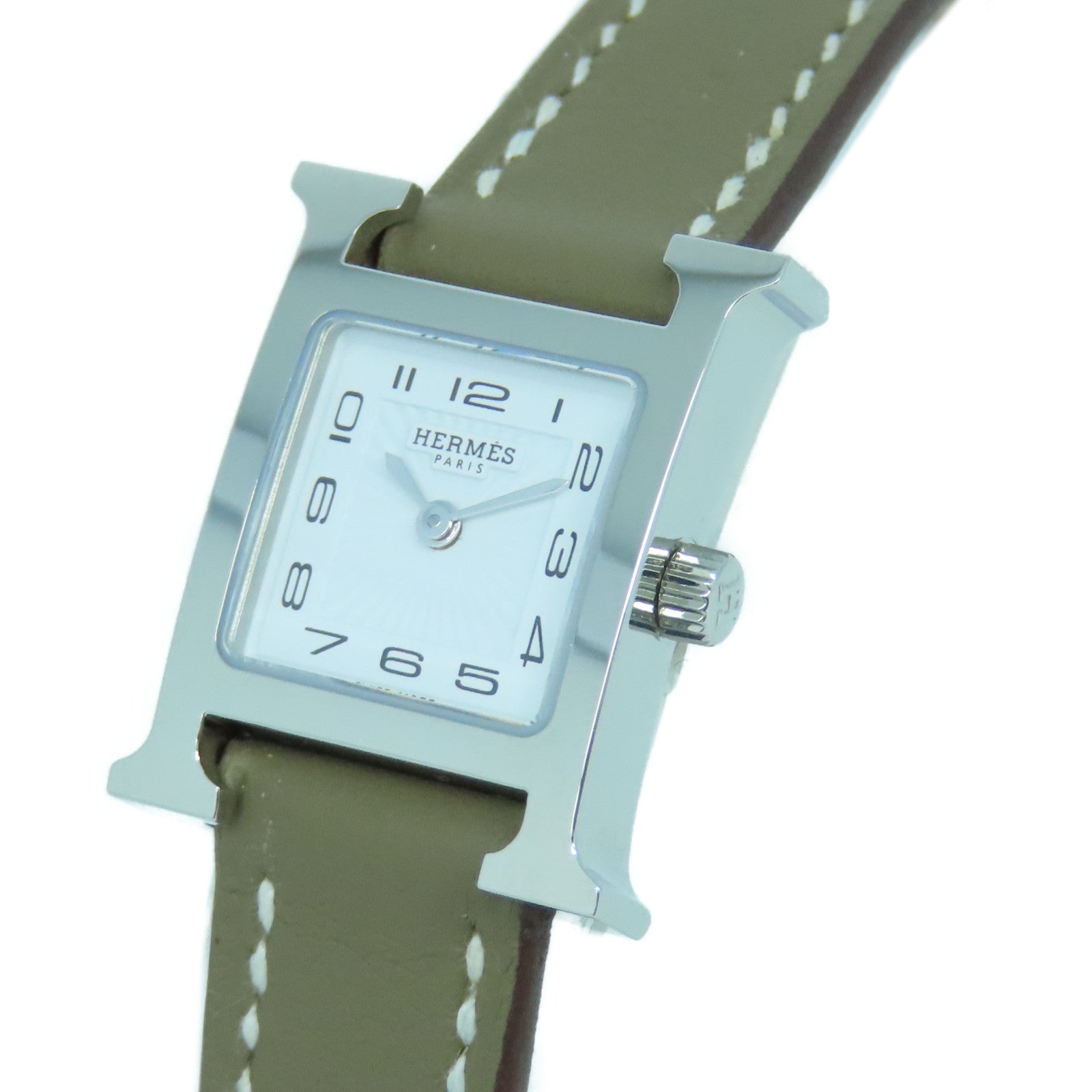 HERMES Heure H Watch不锈钢皮革带手表石英机芯大象灰