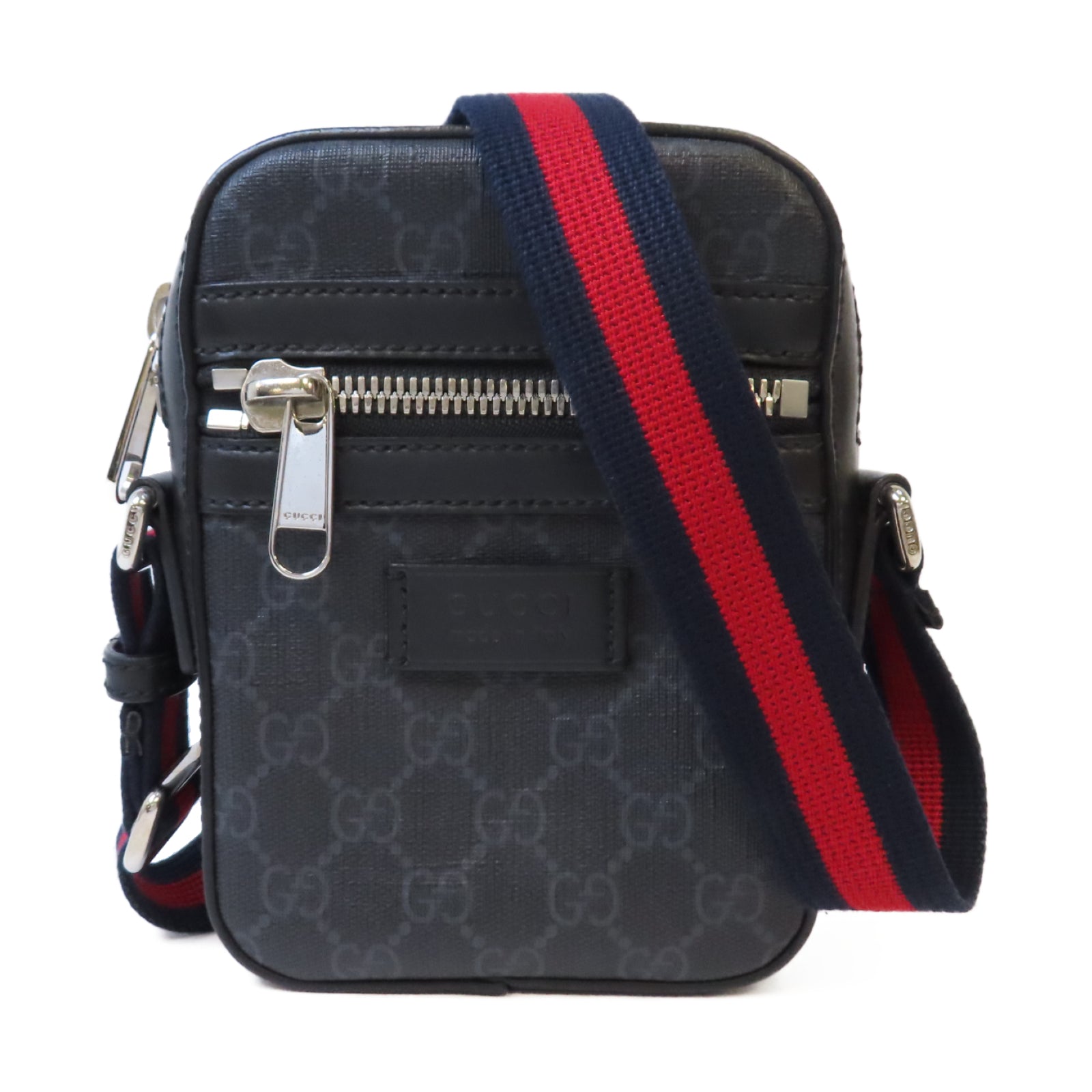 GUCCI 塗層帆布GG Supreme Messenger Shoulder Bag銀扣肩背袋黑色
