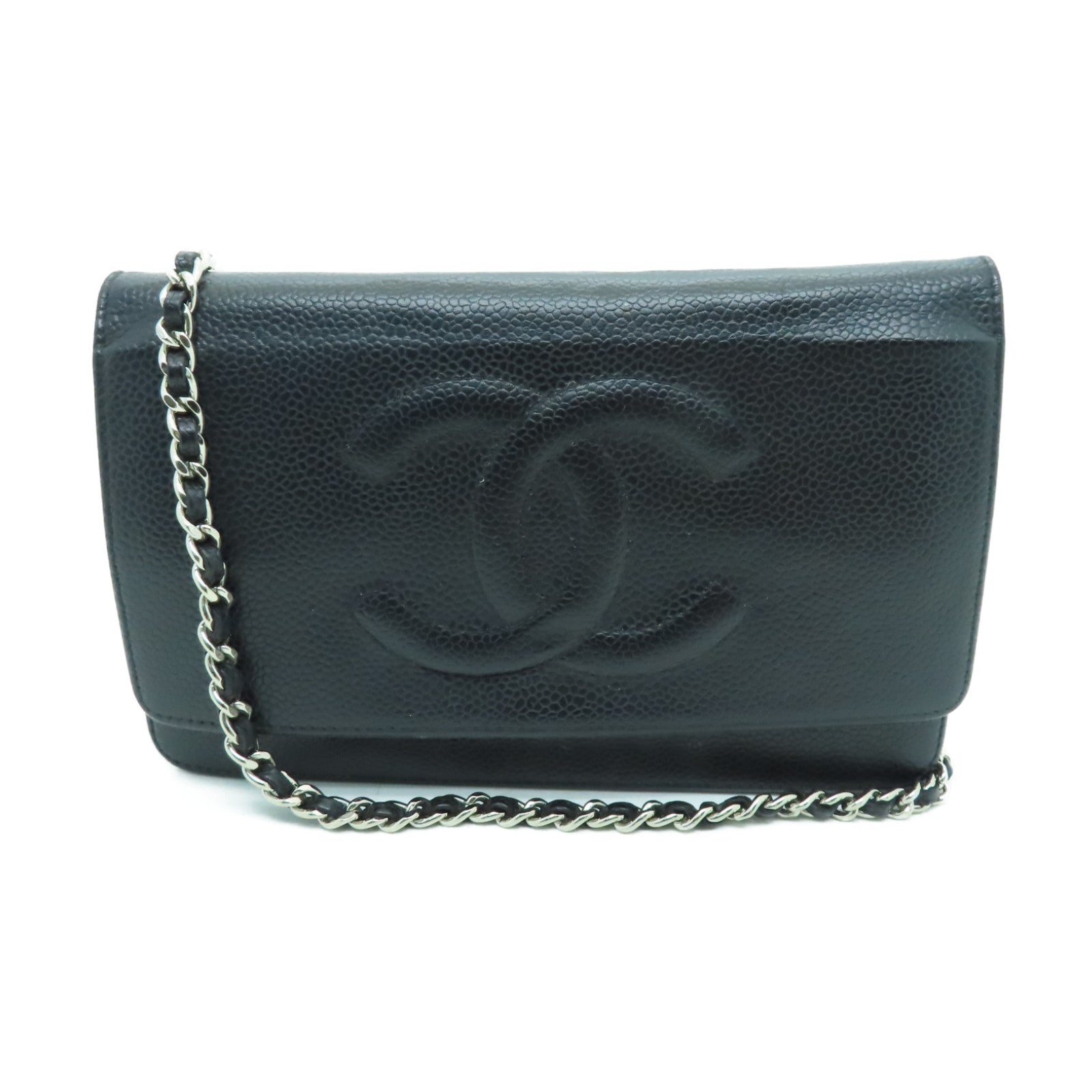 CHANEL Caviar皮革Wallet On Cahin銀扣鏈帶肩背袋黑色