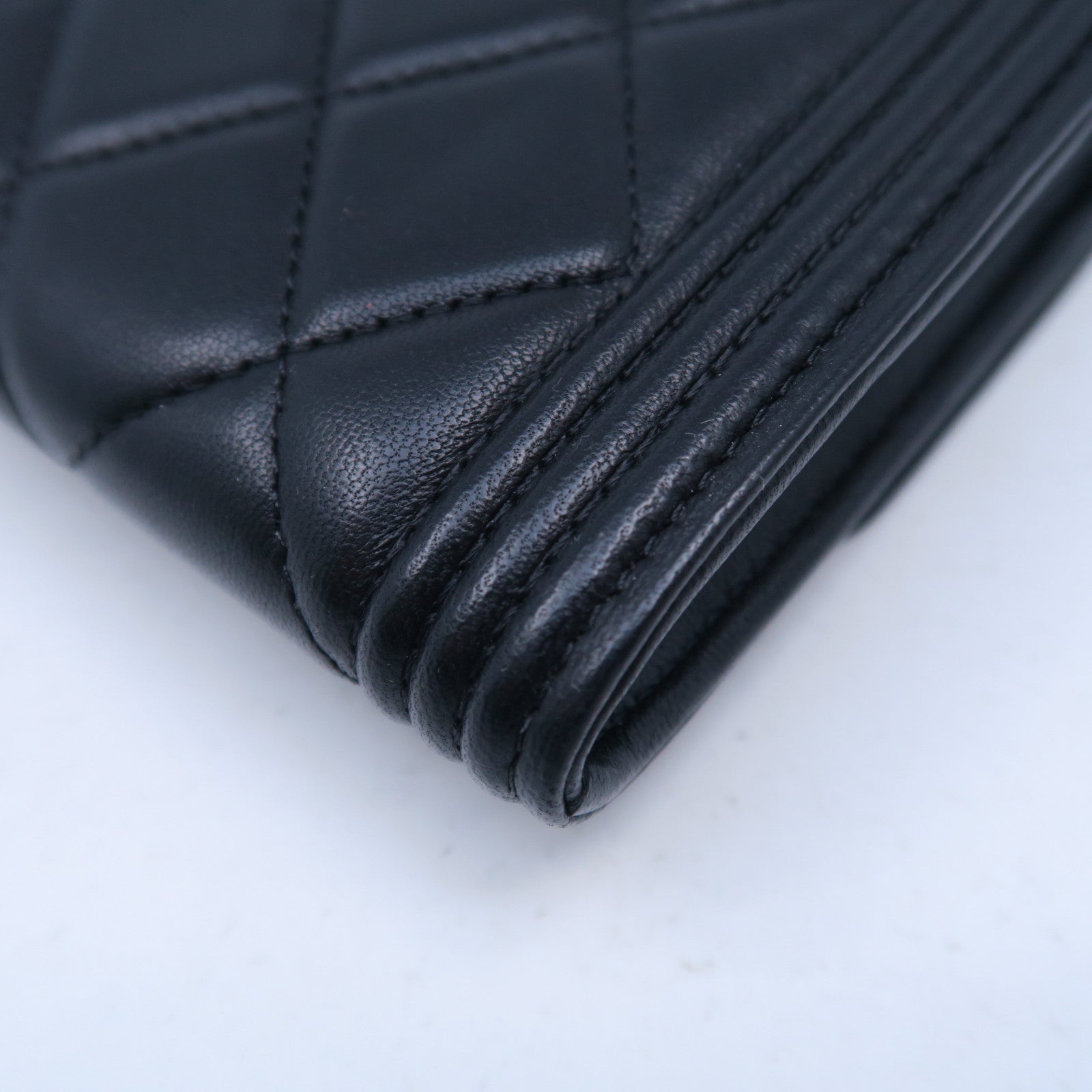 CHANEL 菱格羊皮皮革Boy Long Wallet銀扣長錢包黑色