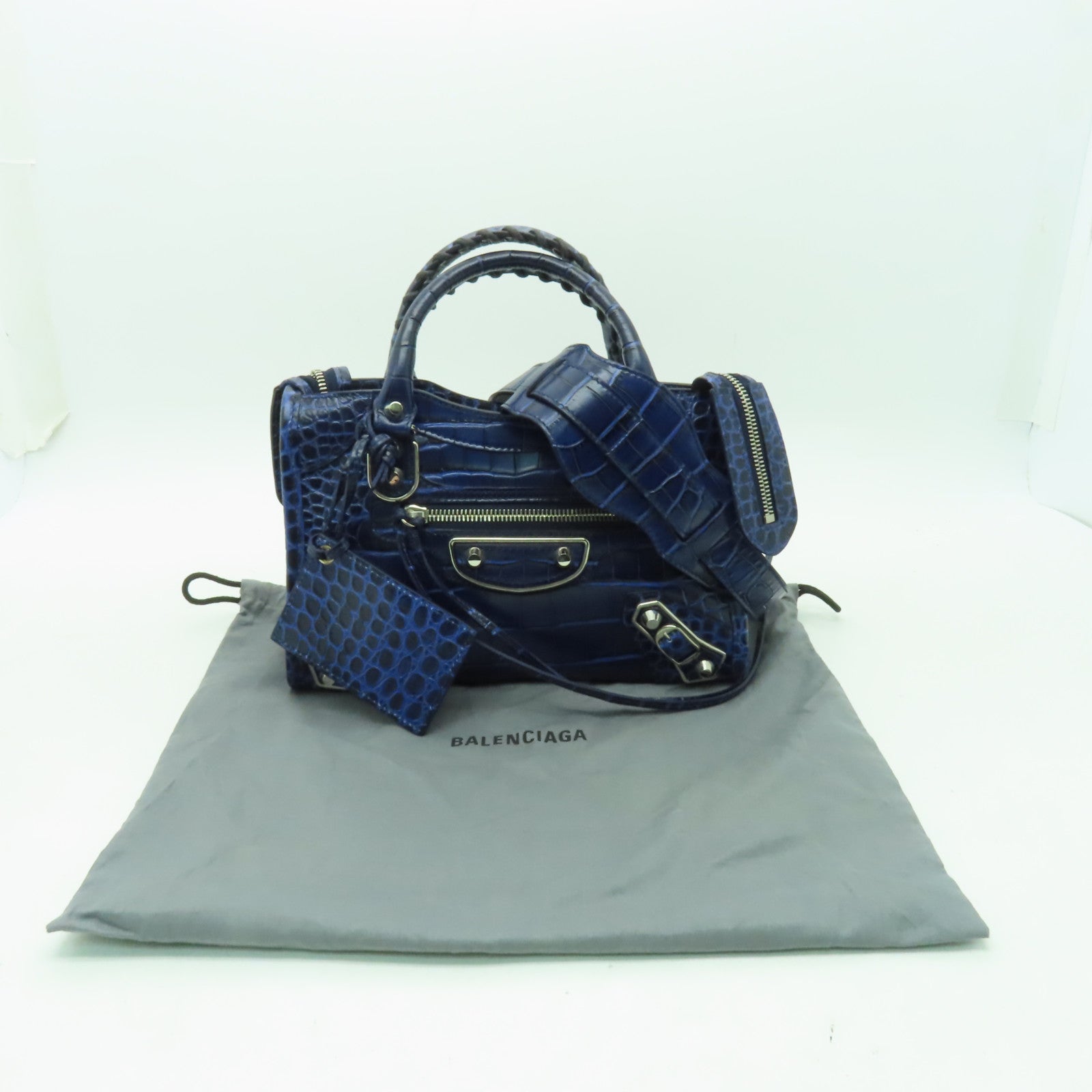 BALENCIAGA 牛皮皮革Mini City銀扣手挽肩背兩用袋藍色