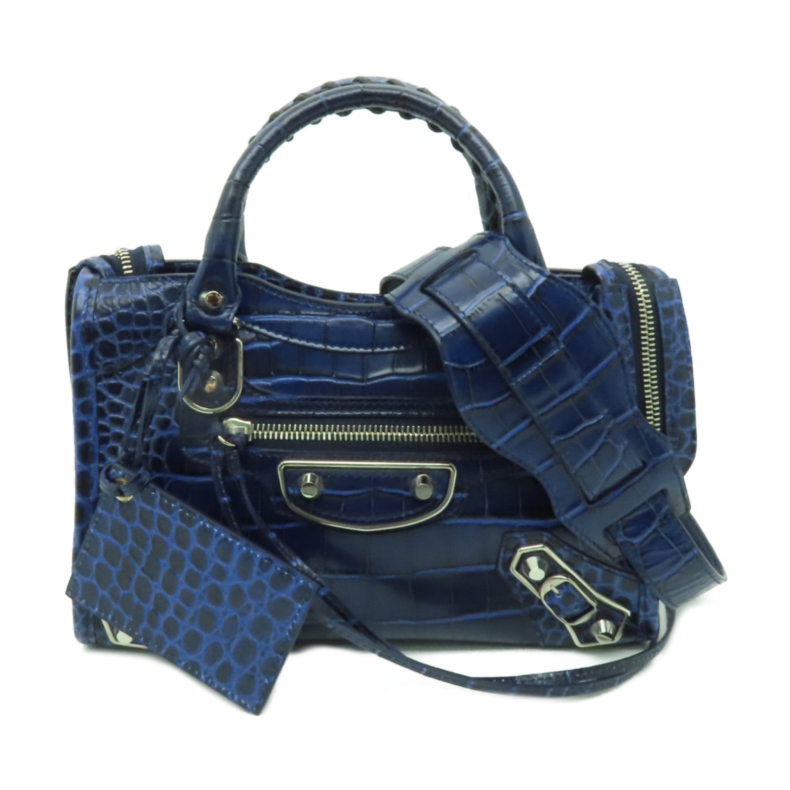 BALENCIAGA 牛皮皮革Mini City銀扣手挽肩背兩用袋藍色
