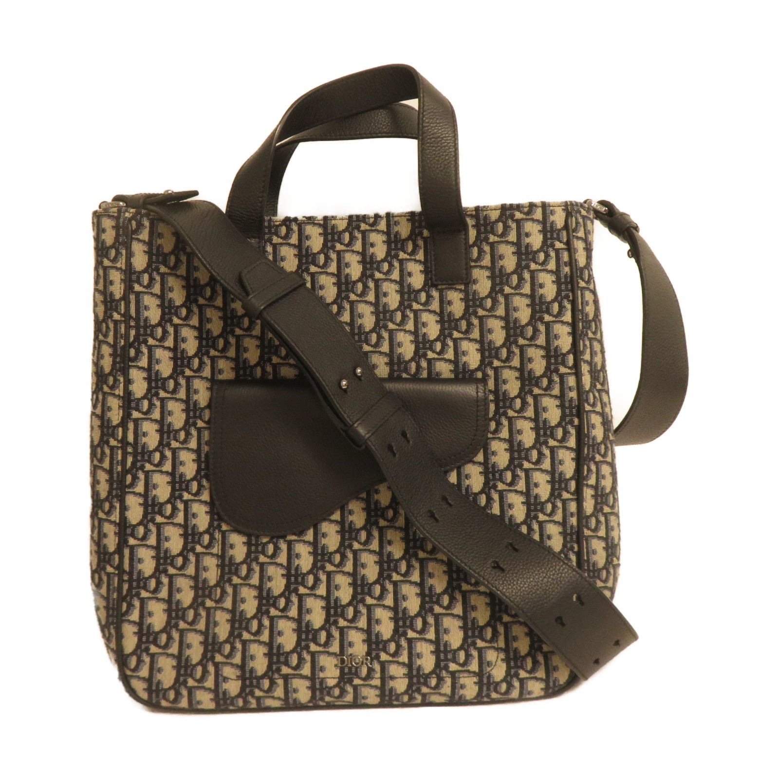 Dior 帆布Saddle Tote銀扣手挽肩背兩用袋深藍色