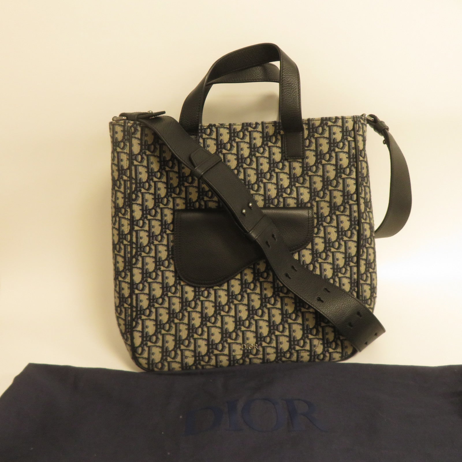 Dior 帆布Saddle Tote銀扣手挽肩背兩用袋深藍色