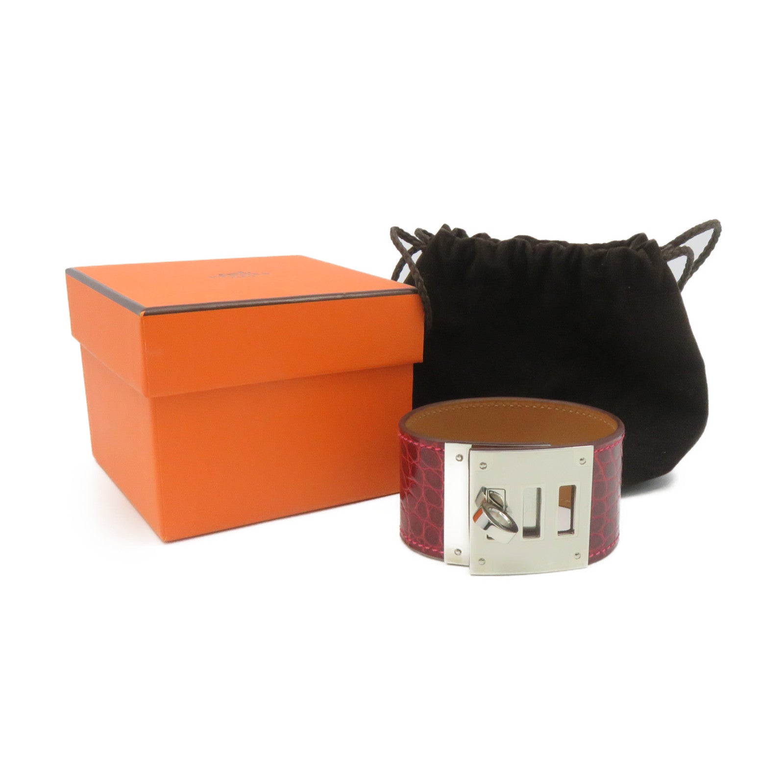 HERMES Croco Niloticus皮革Bangle銀扣手鐲酒紅色