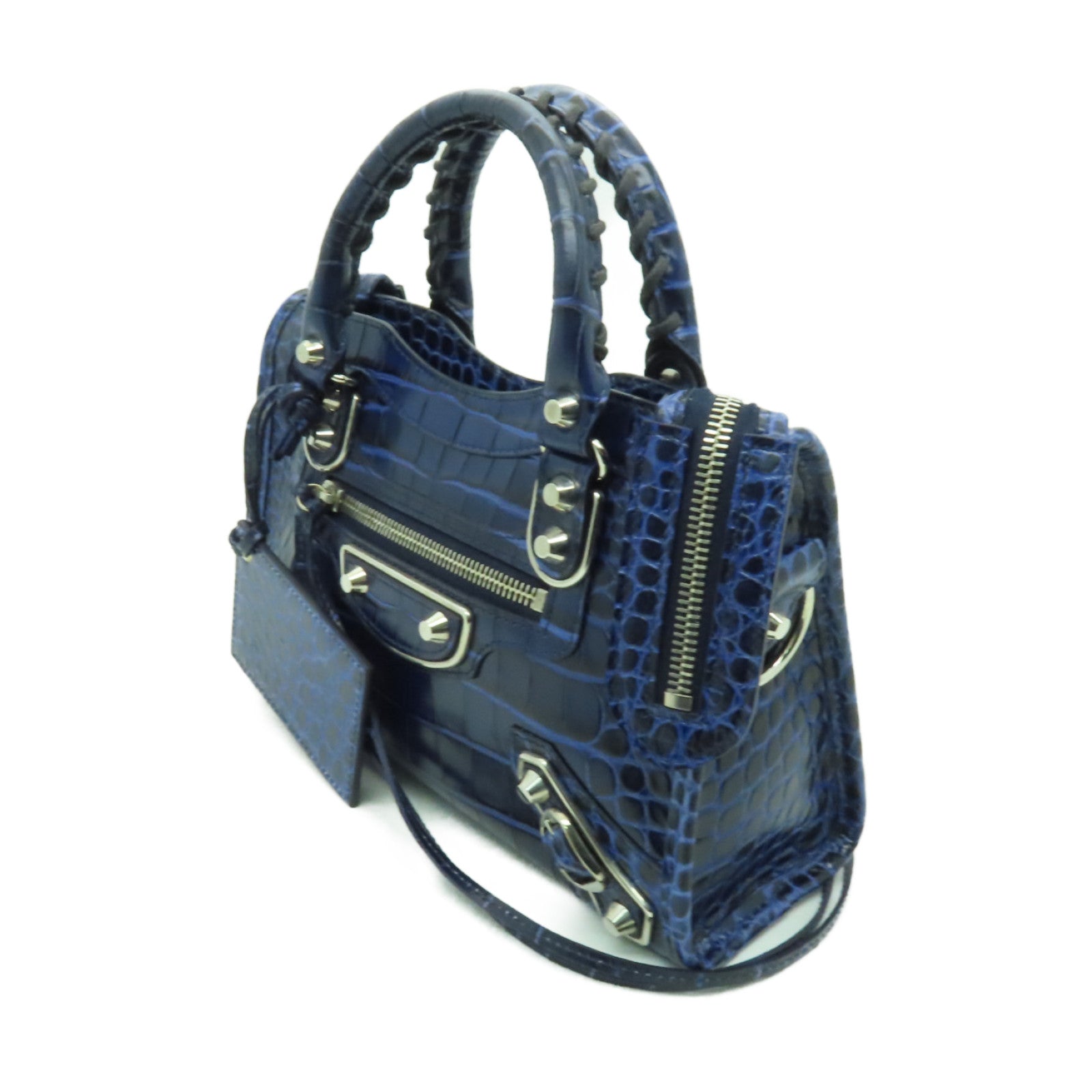 BALENCIAGA 牛皮皮革Mini City銀扣手挽肩背兩用袋藍色