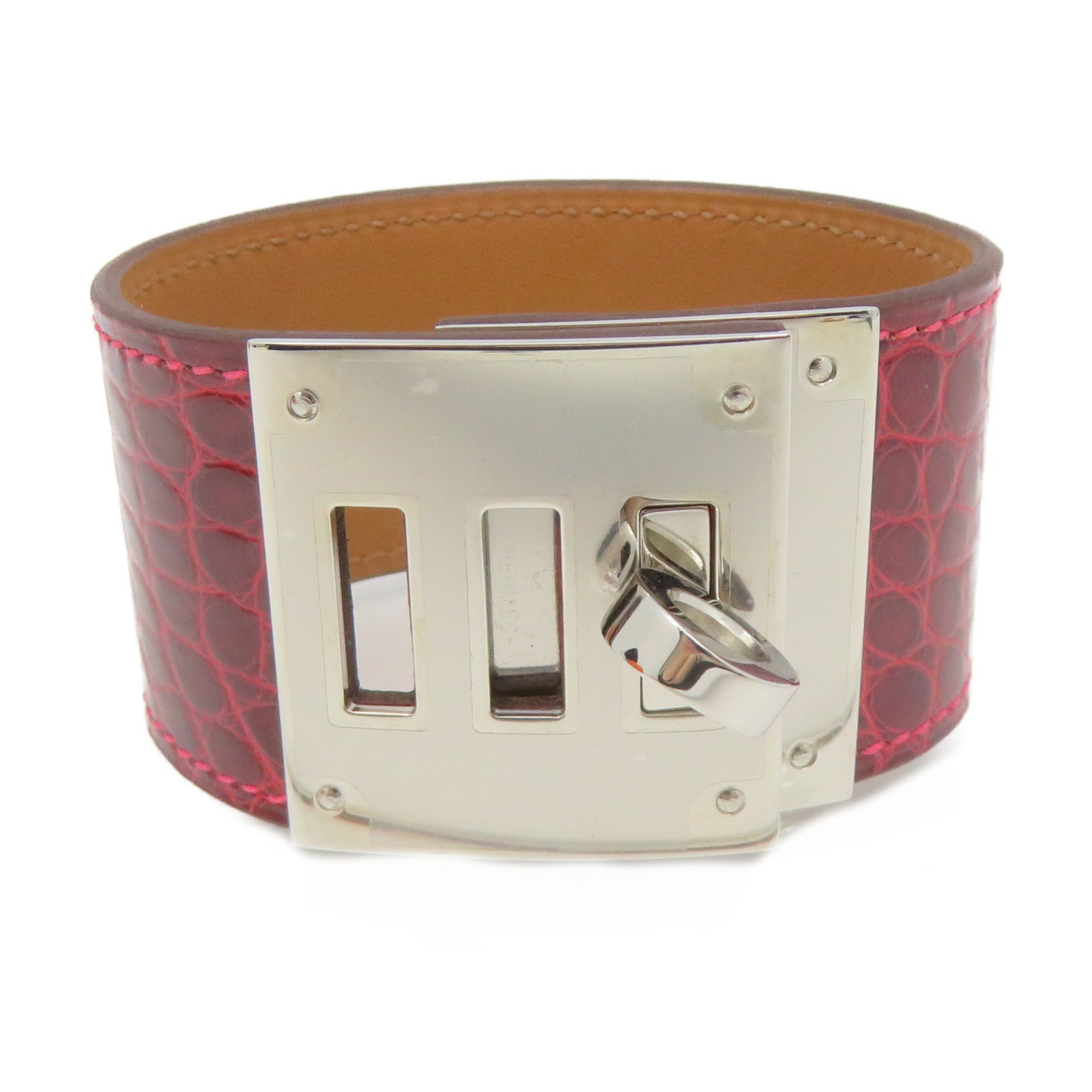 HERMES Croco Niloticus皮革Bangle銀扣手鐲酒紅色