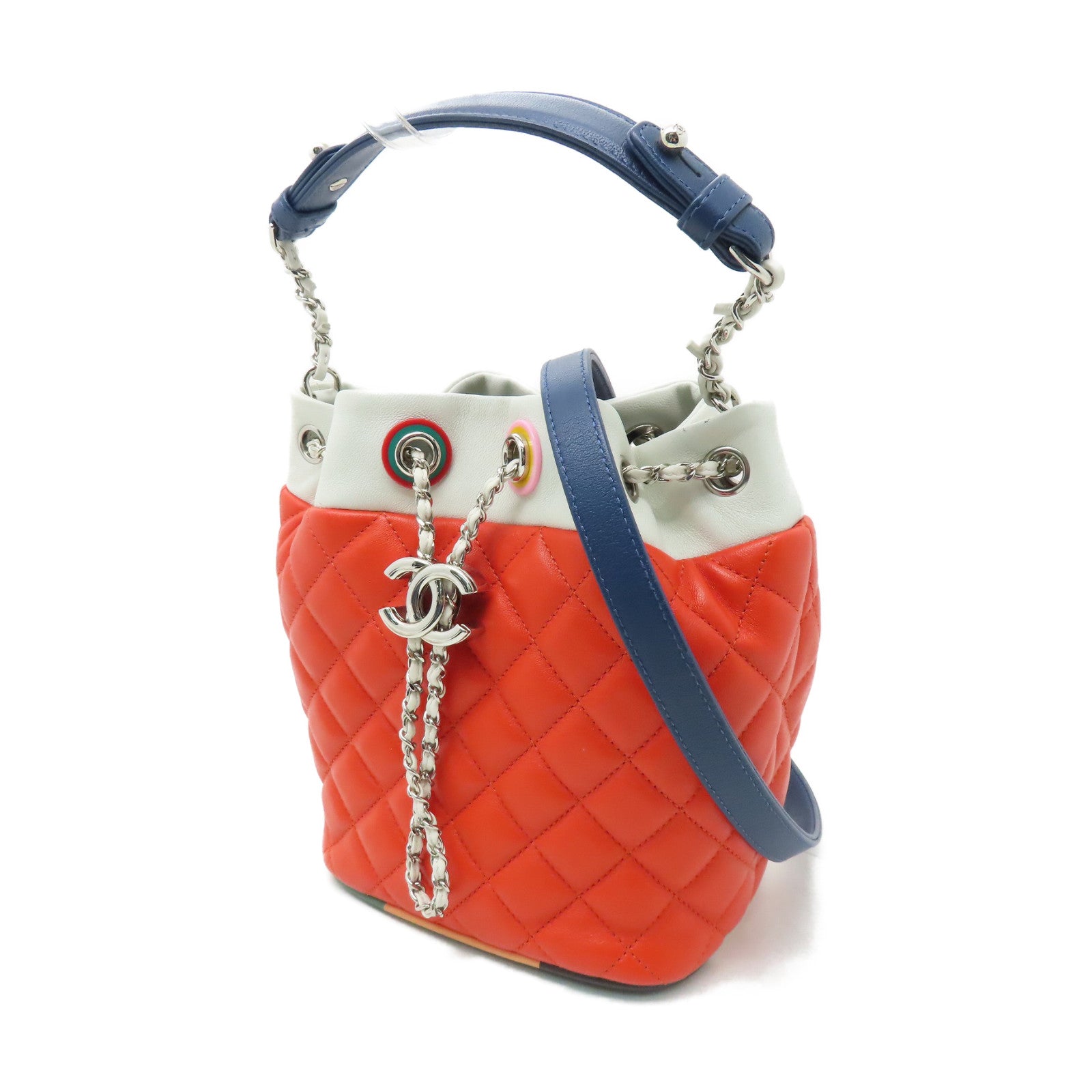 CHANEL 菱格羊皮皮革Shoulder Bag银扣手挽肩背两用袋水桶袋橙红色/白色/蓝色