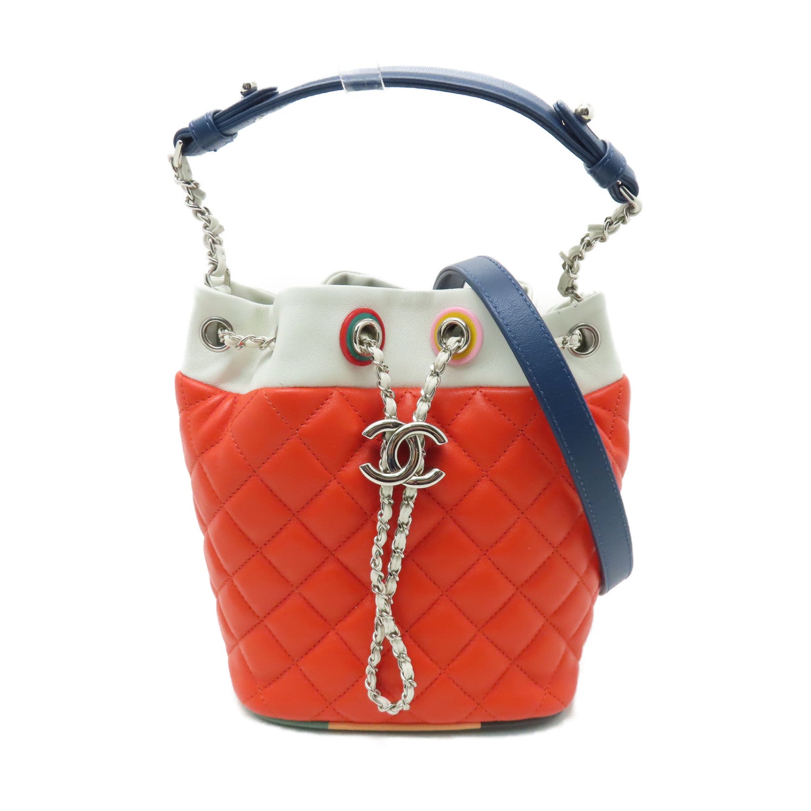 CHANEL 菱格羊皮皮革Shoulder Bag银扣手挽肩背两用袋水桶袋橙红色/白色/蓝色