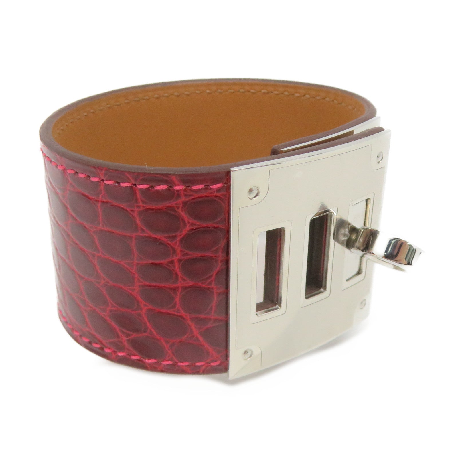 HERMES Croco Niloticus皮革Bangle銀扣手鐲酒紅色