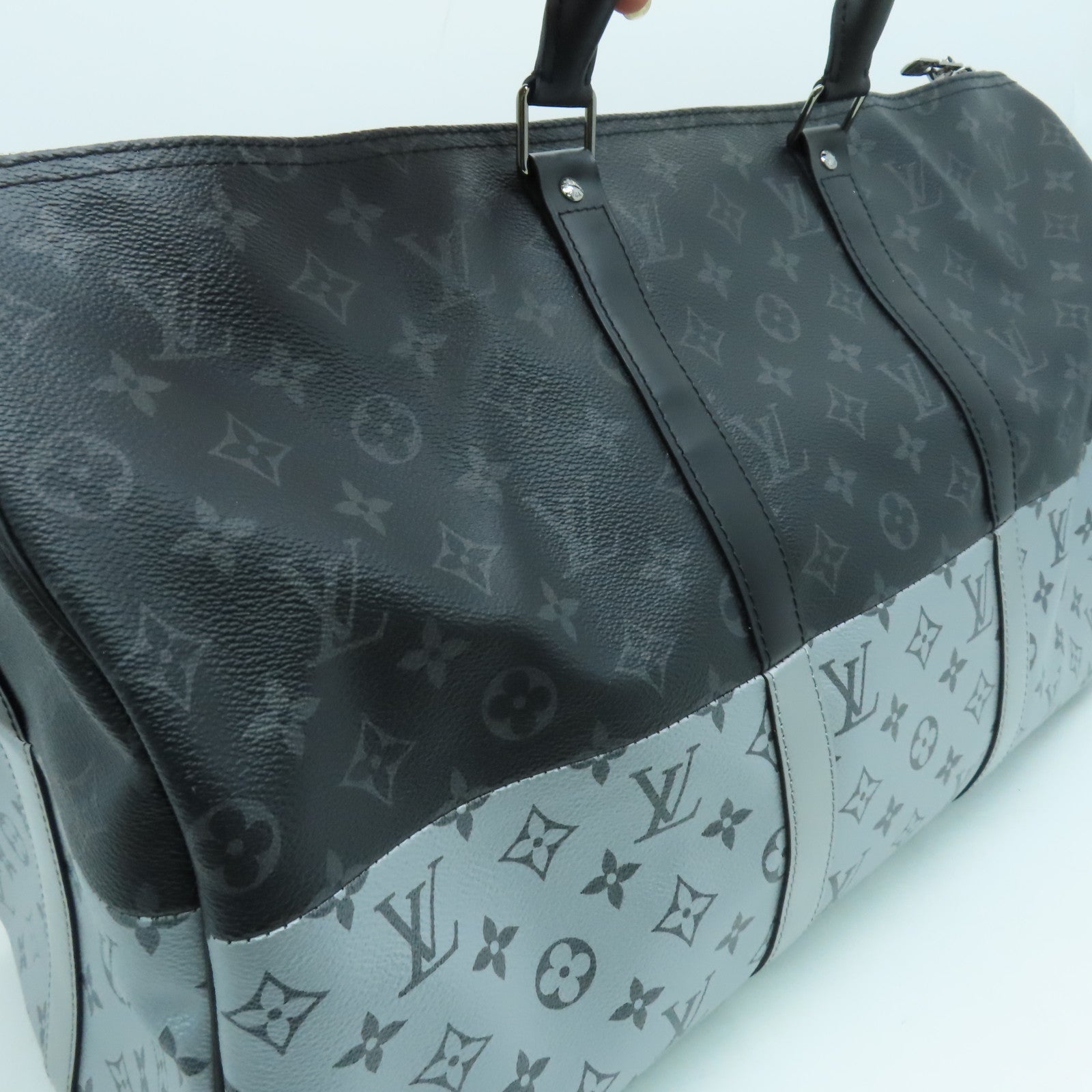 LOUIS VUITTON Monogram Eclipse Keepall 50 Silver Buckle Handle Shoulder Bag Black/Silver