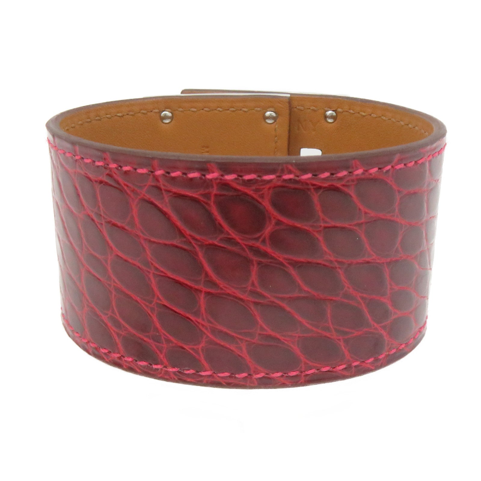 HERMES Croco Niloticus皮革Bangle銀扣手鐲酒紅色