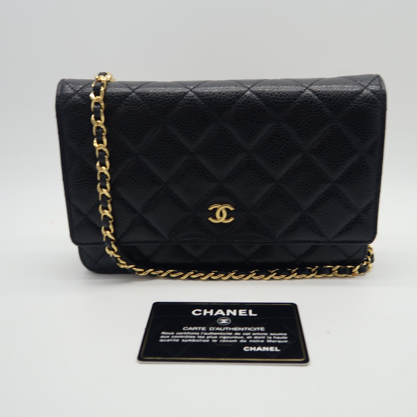 CHANEL 菱格牛皮皮革Wallet On Chain金扣鏈帶肩背袋黑色