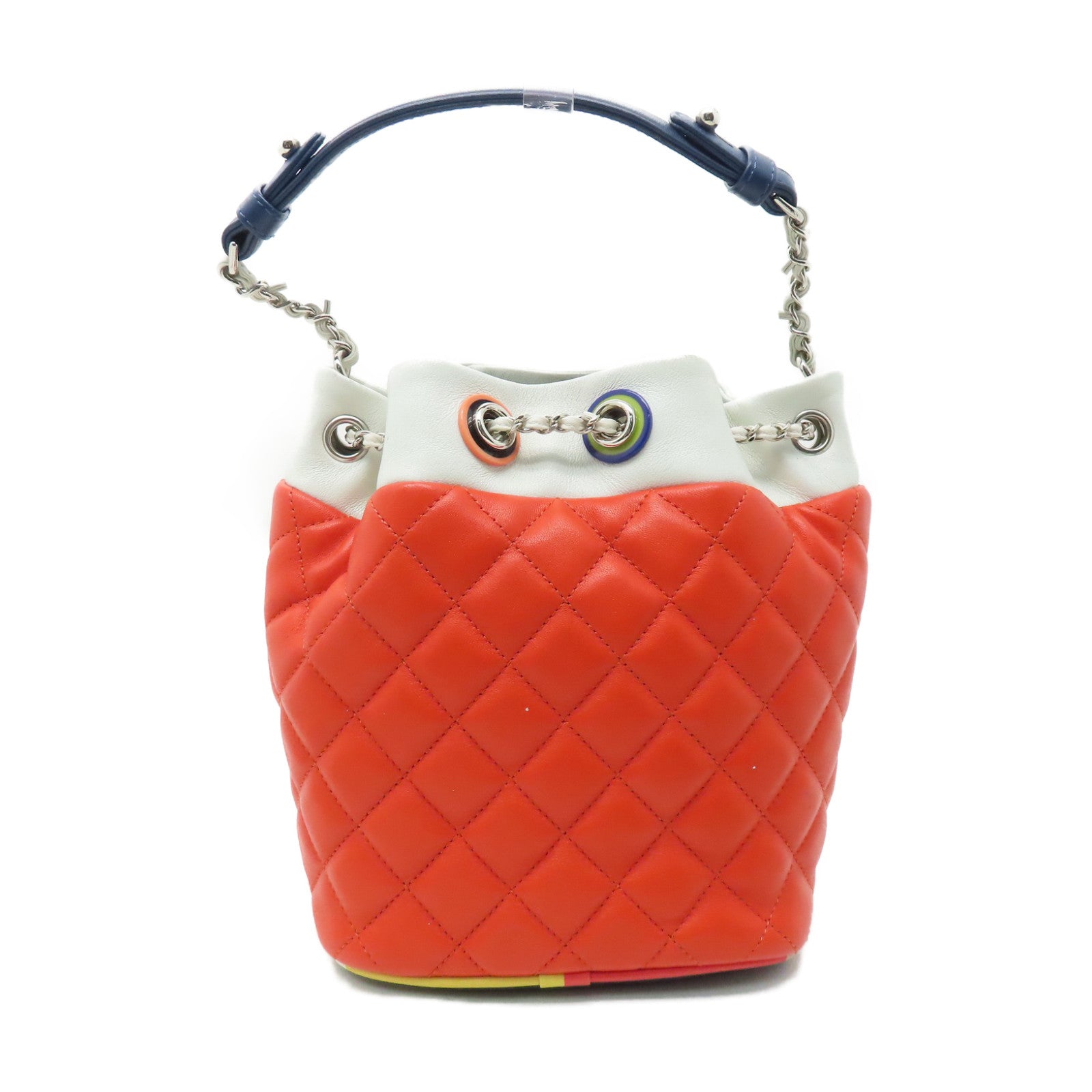 CHANEL 菱格羊皮皮革Shoulder Bag银扣手挽肩背两用袋水桶袋橙红色/白色/蓝色