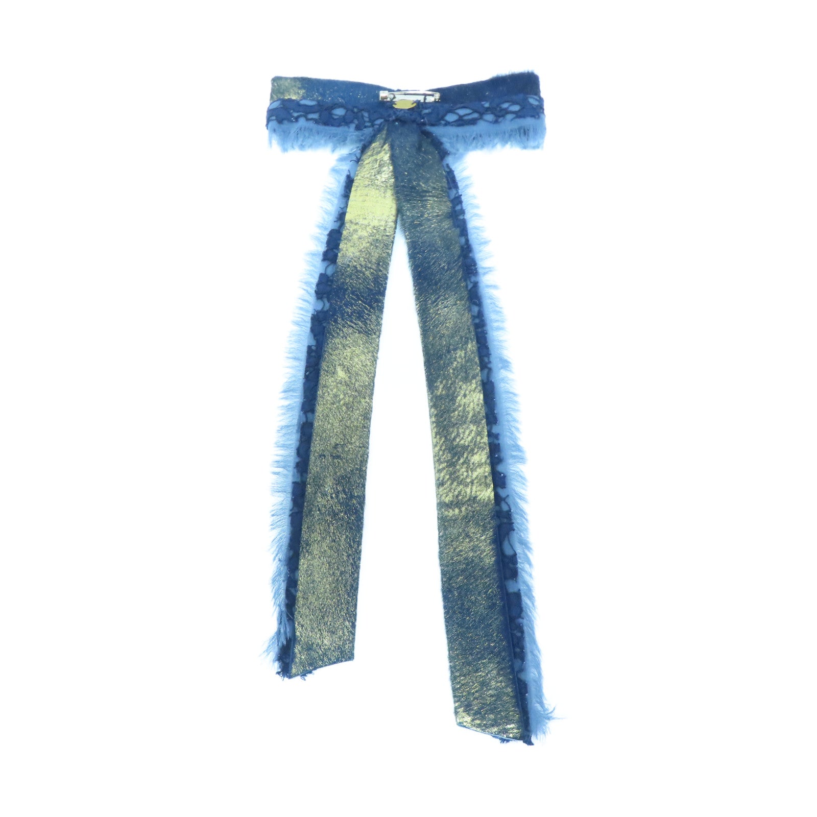 CHANEL Lace/皮革Ribbon Brooch金扣胸針藍色/金色