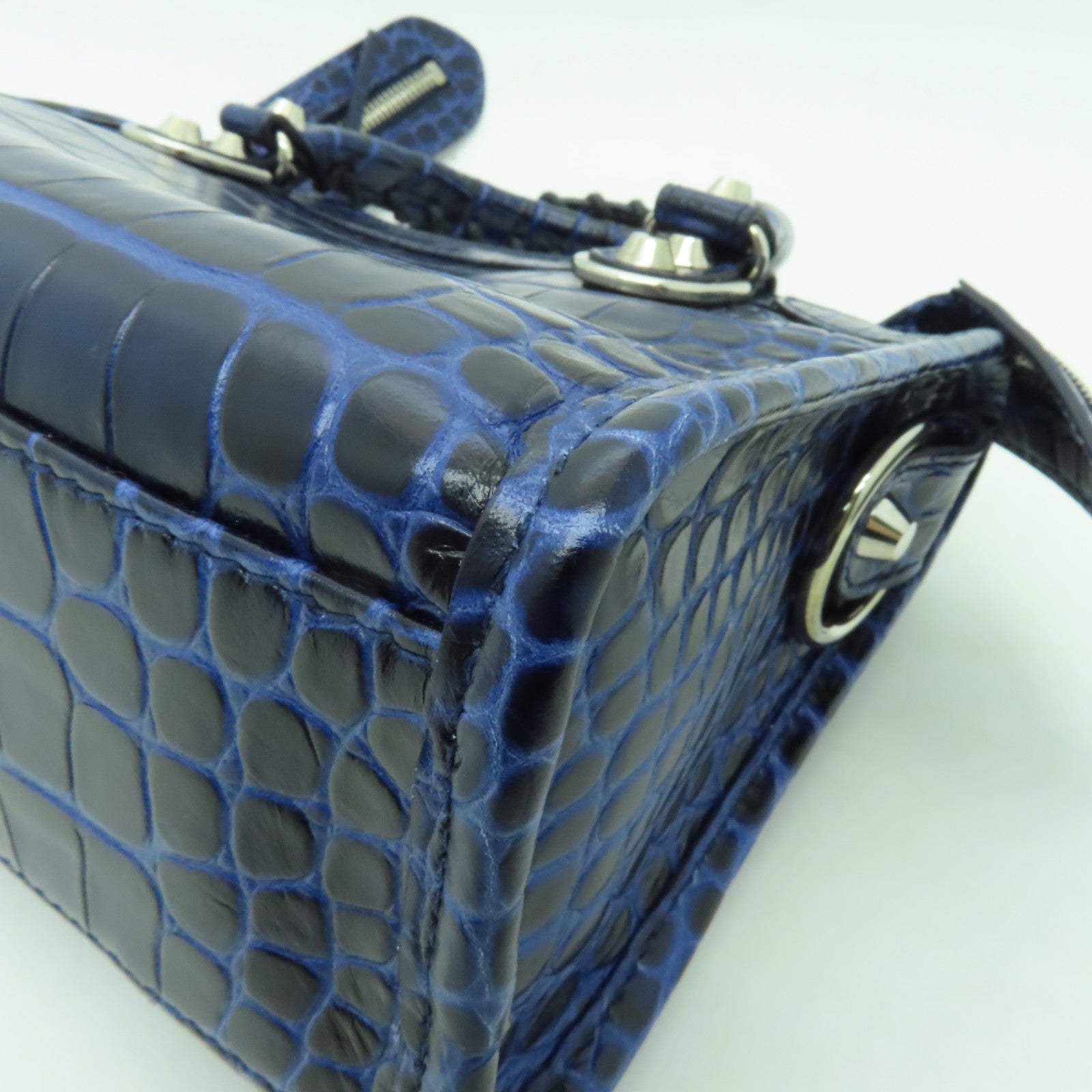 BALENCIAGA 牛皮皮革Mini City銀扣手挽肩背兩用袋藍色