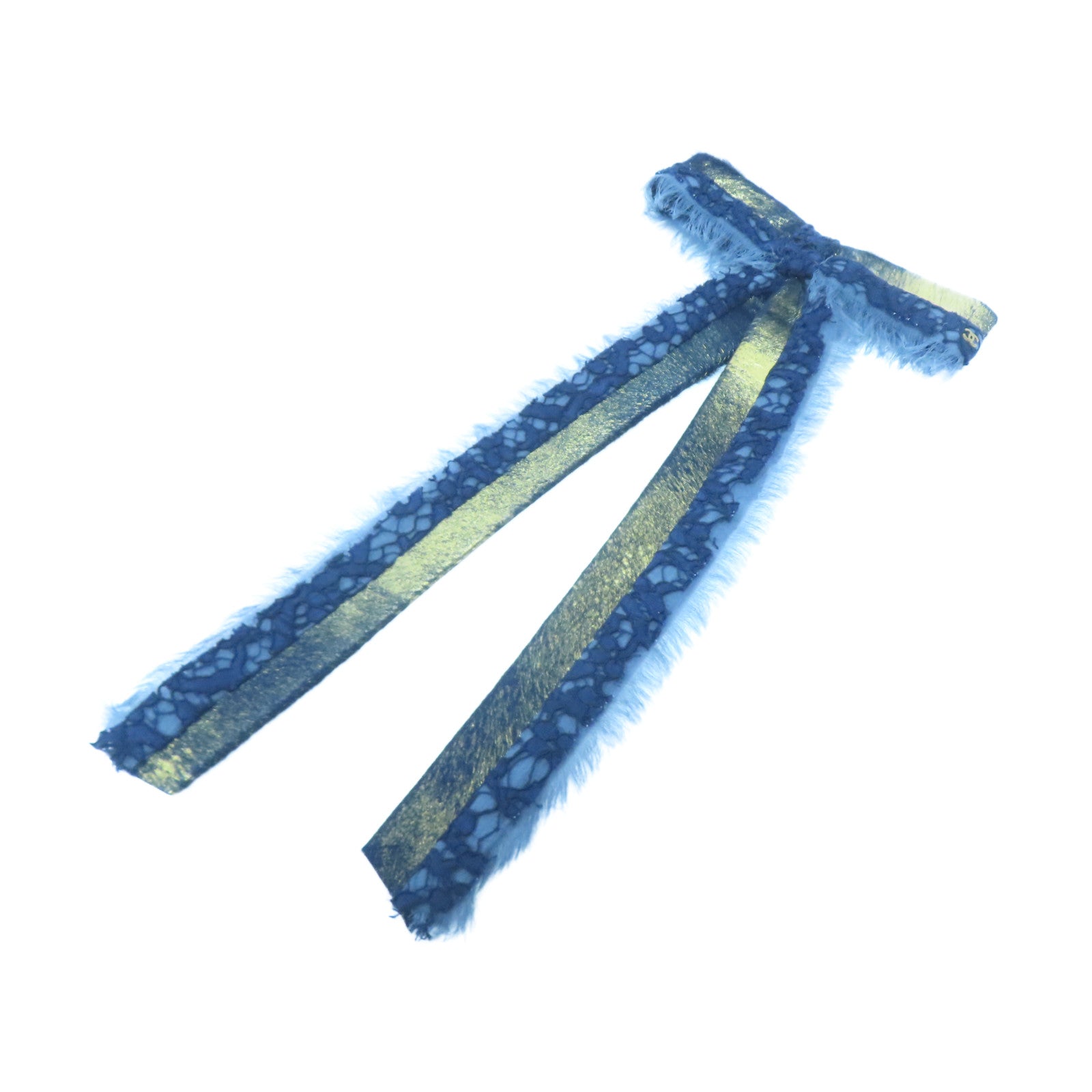 CHANEL Lace/皮革Ribbon Brooch金扣胸針藍色/金色