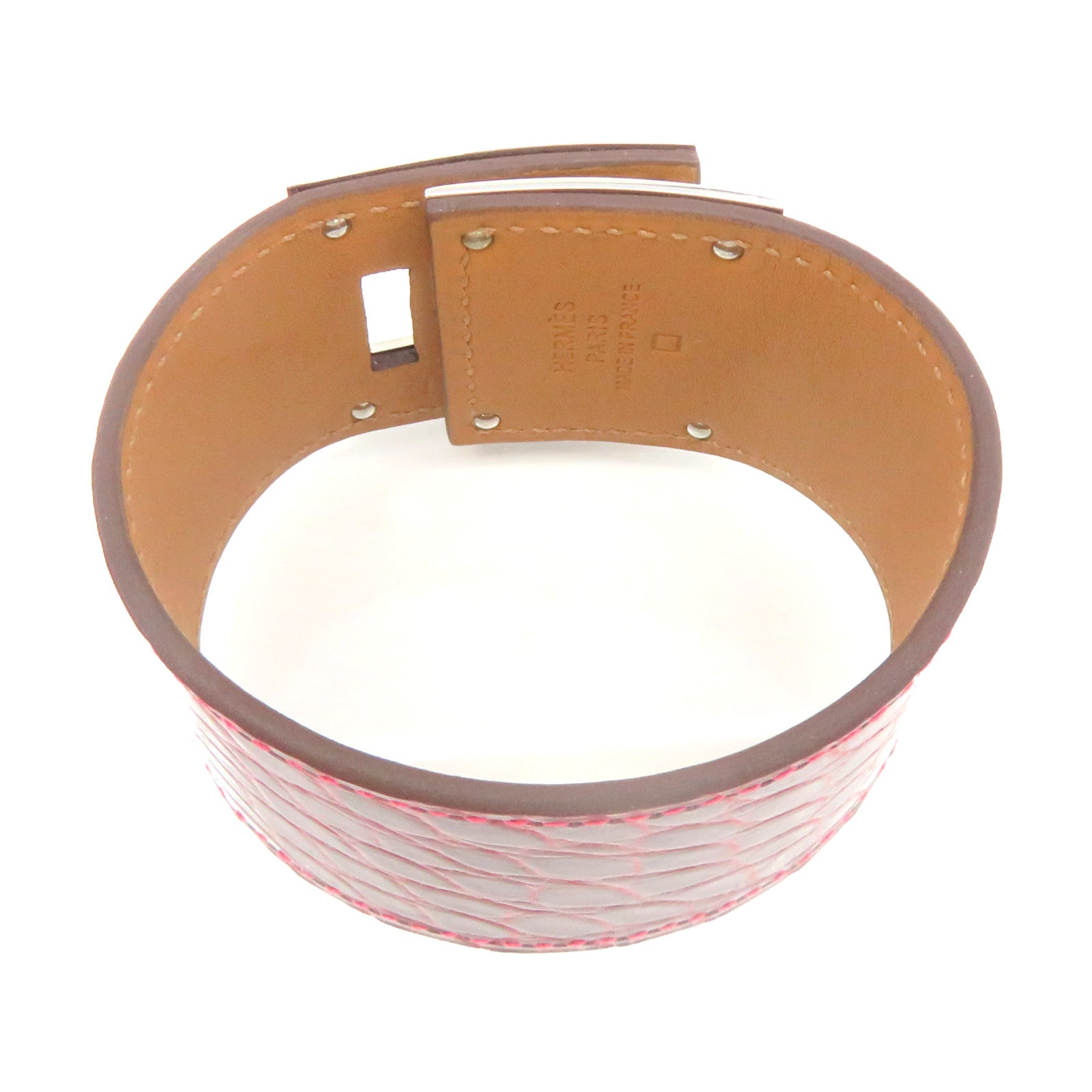 HERMES Croco Niloticus皮革Bangle銀扣手鐲酒紅色