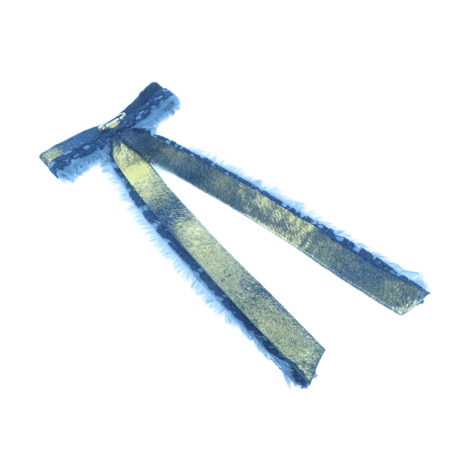 CHANEL Lace/皮革Ribbon Brooch金扣胸針藍色/金色