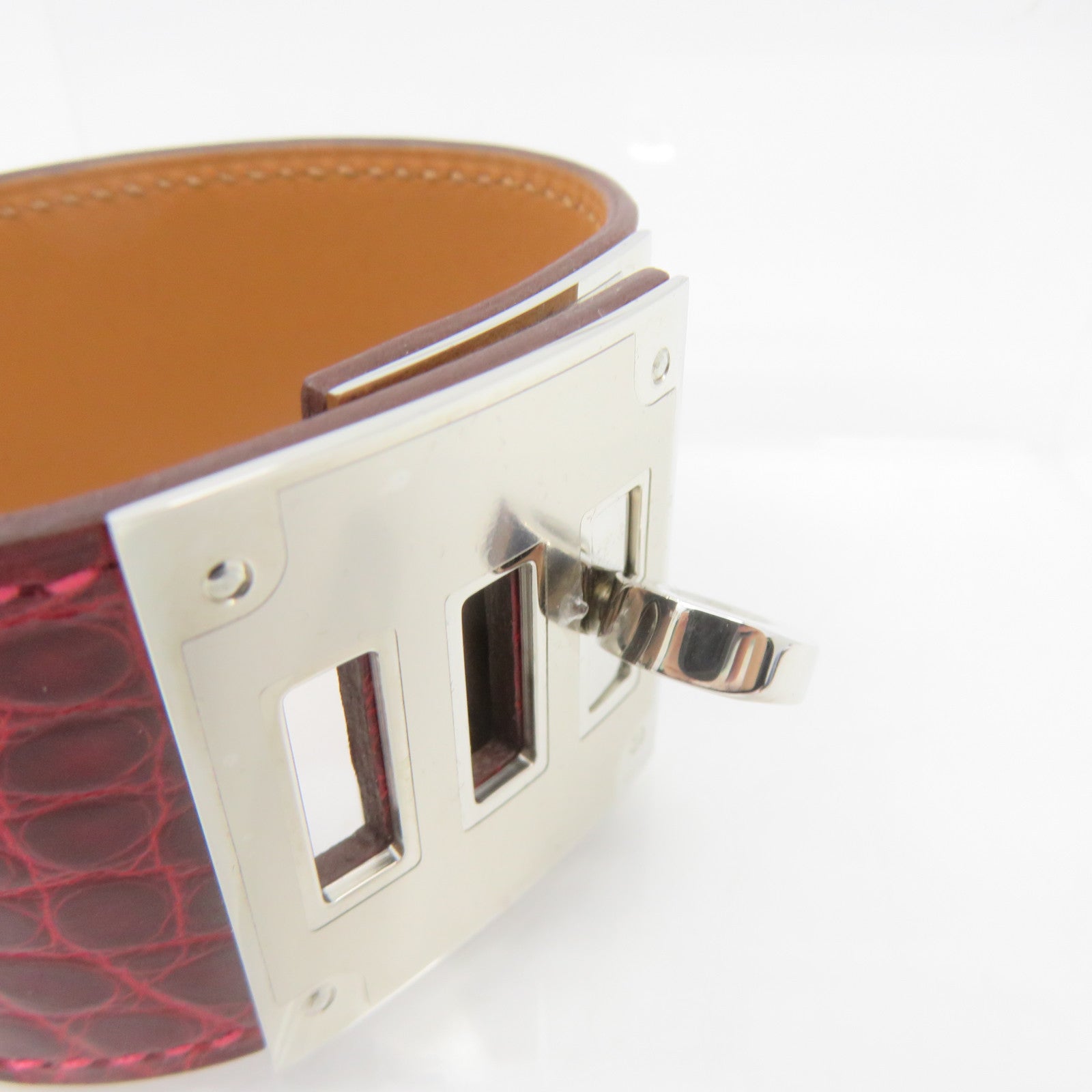 HERMES Croco Niloticus皮革Bangle銀扣手鐲酒紅色