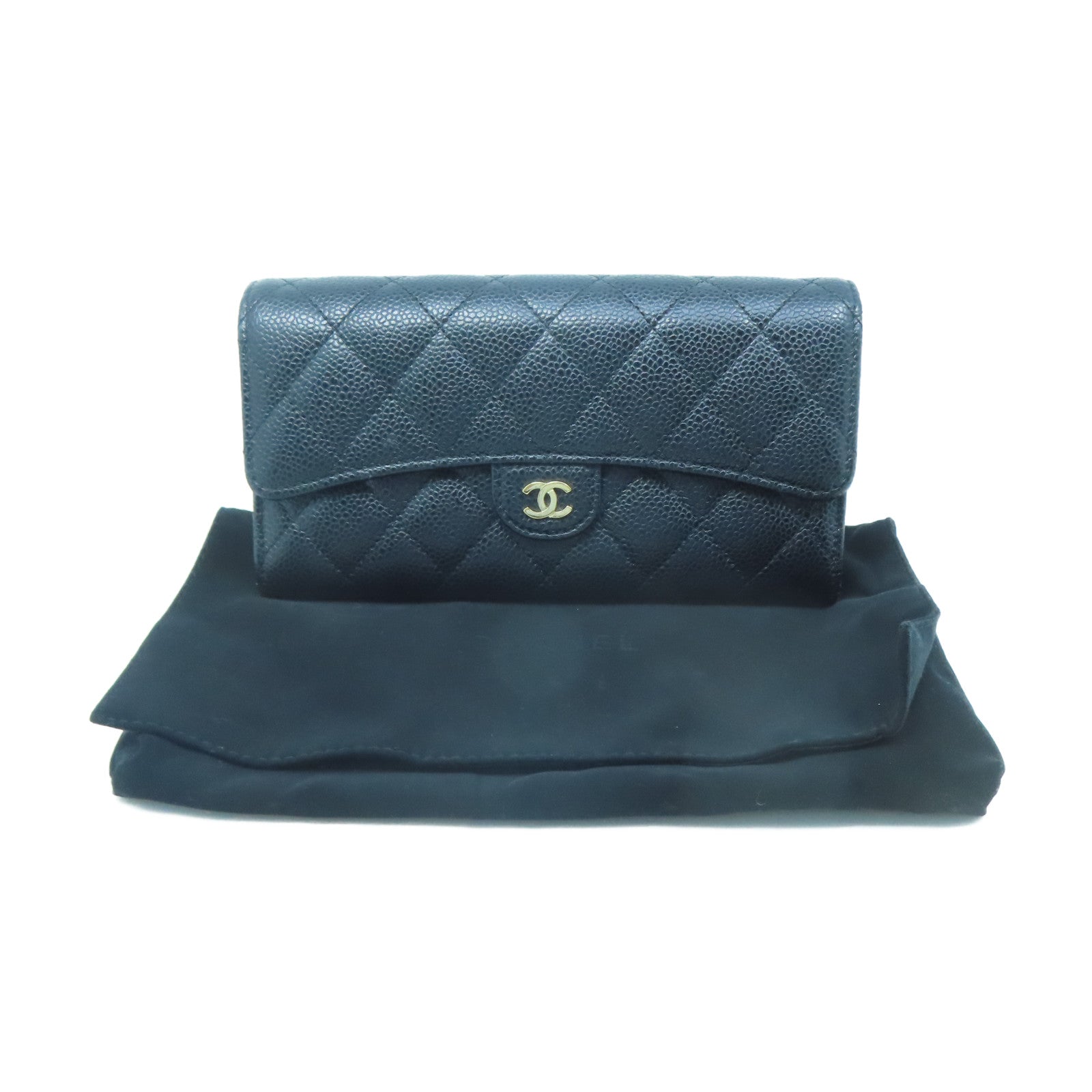 CHANEL Rhombus Caviar Leather Long Wallet Gold Buckle Long Wallet Black