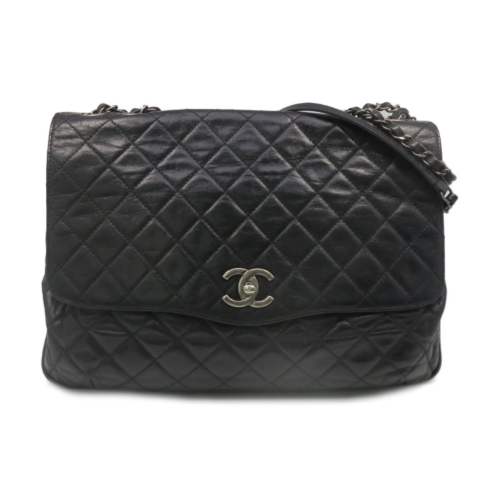 CHANEL 菱格牛皮皮革Chain Shoulder Bag銀扣鏈帶肩背袋黑色