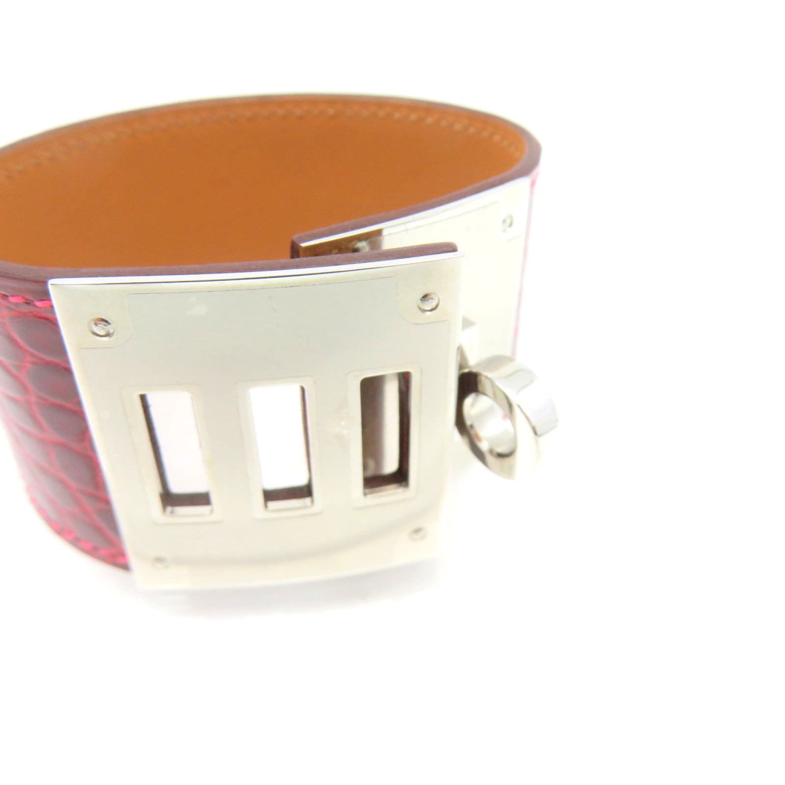 HERMES Croco Niloticus皮革Bangle銀扣手鐲酒紅色