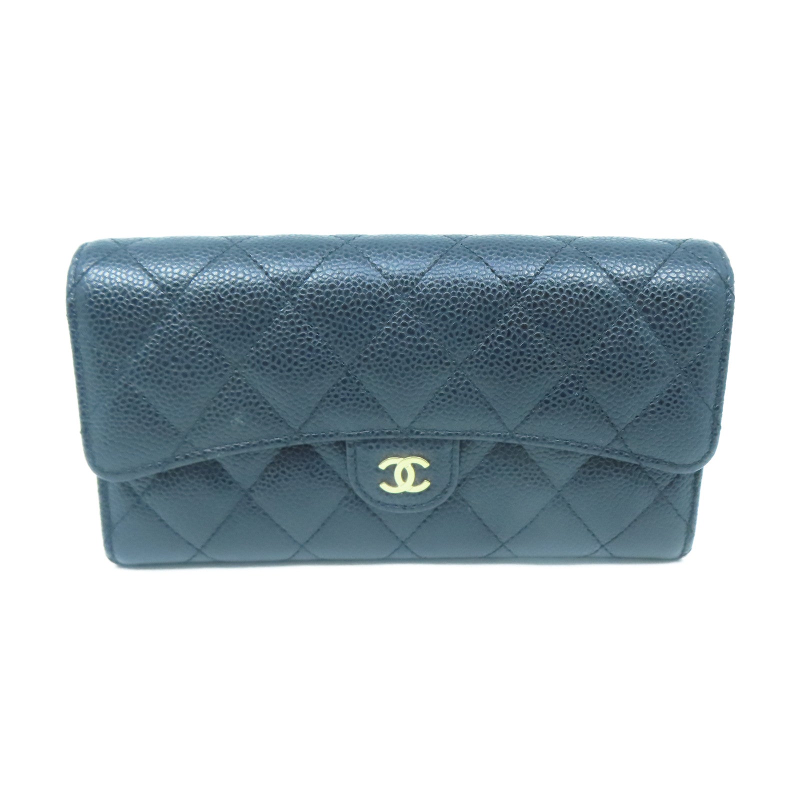CHANEL Rhombus Caviar Leather Long Wallet Gold Buckle Long Wallet Black