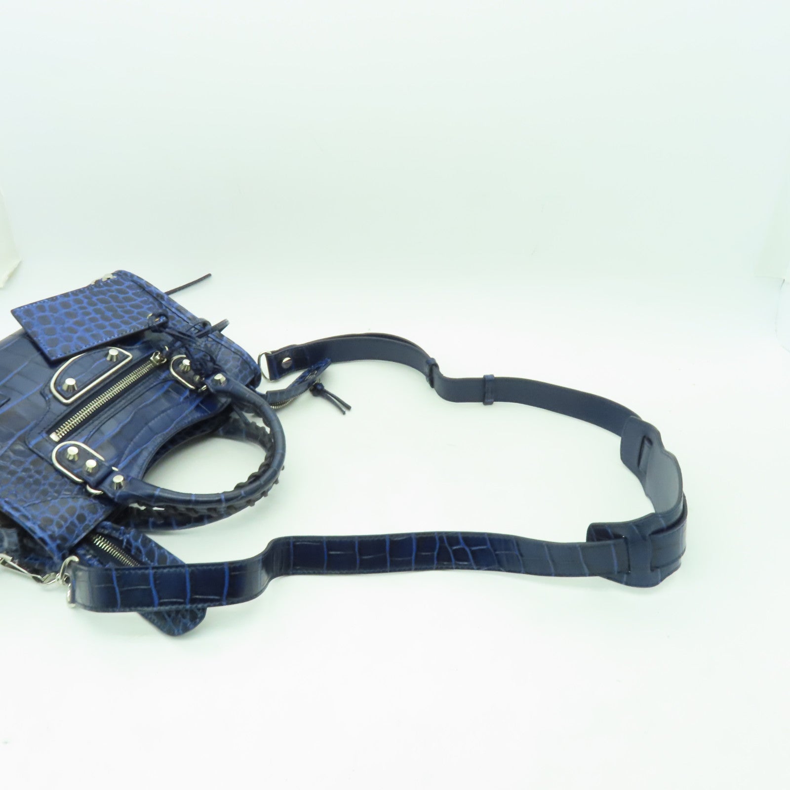 BALENCIAGA 牛皮皮革Mini City銀扣手挽肩背兩用袋藍色