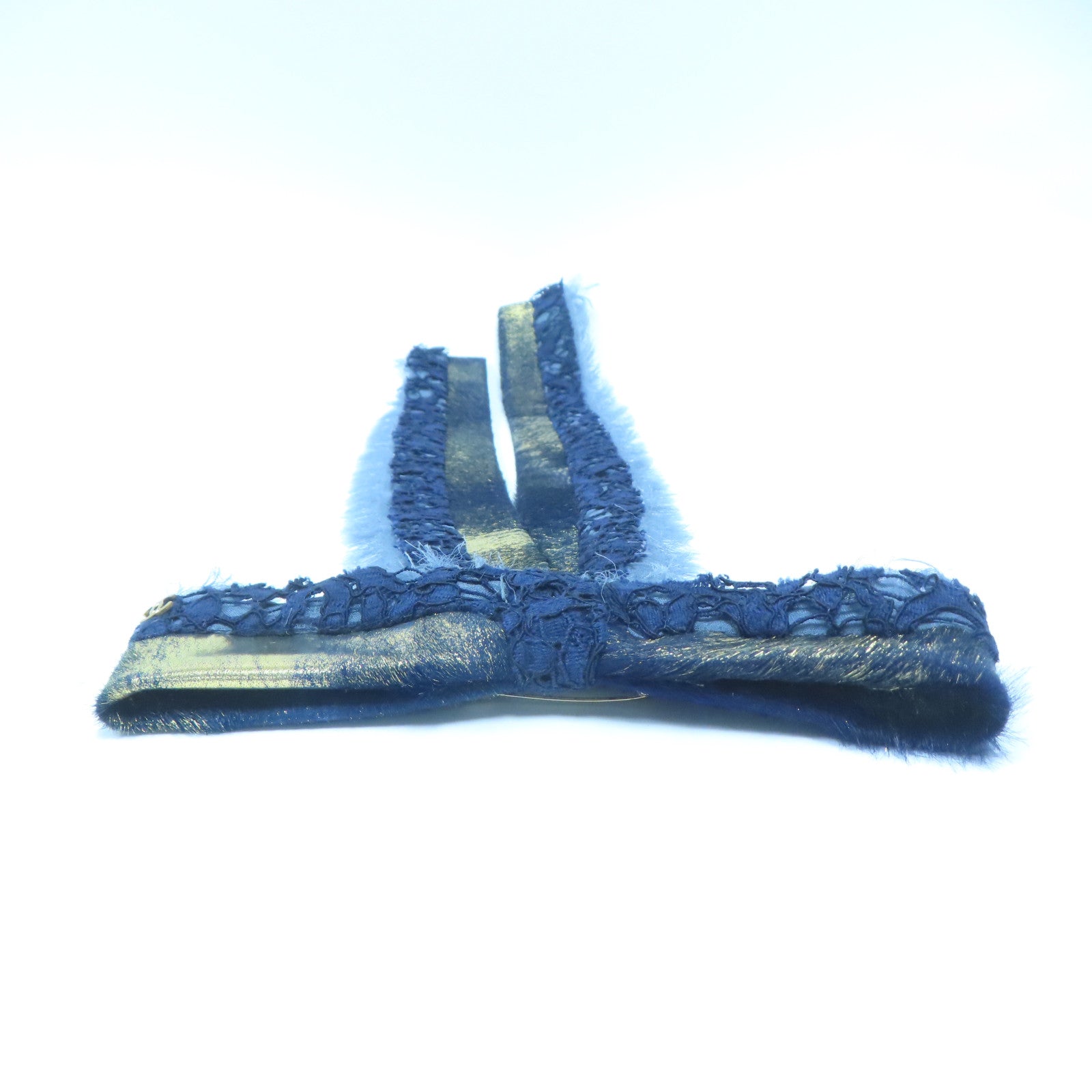 CHANEL Lace/皮革Ribbon Brooch金扣胸針藍色/金色