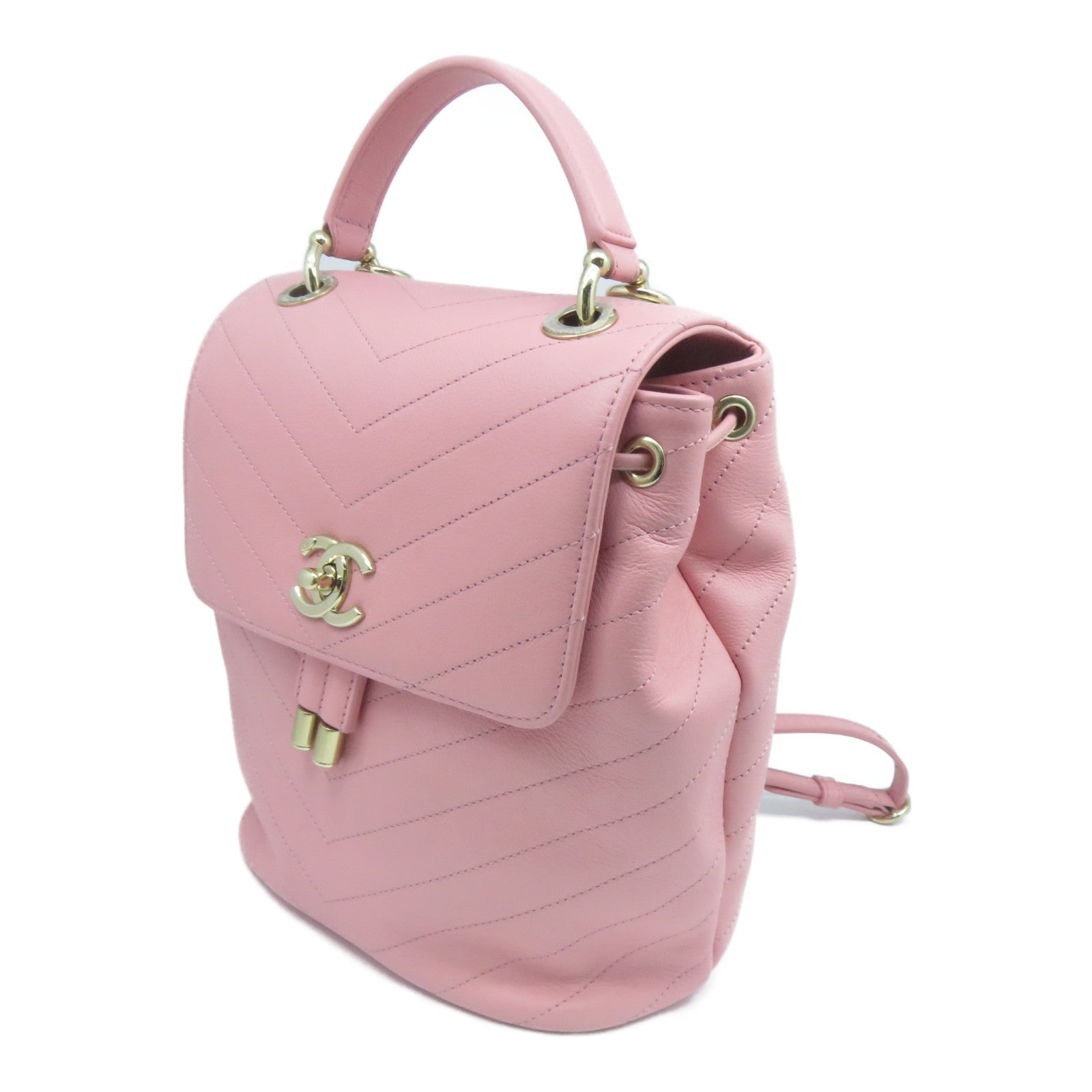 CHANEL 菱格牛皮皮革Backpack金扣背包粉紅色