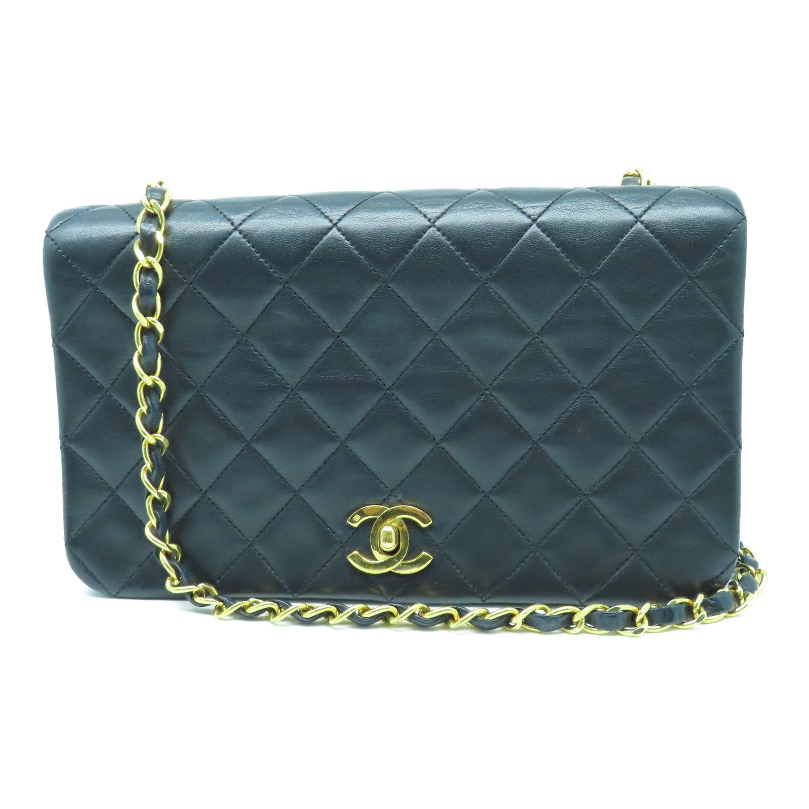 CHANEL 菱格羊皮皮革Chain Shoulder Bag金扣鏈帶肩背袋黑色
