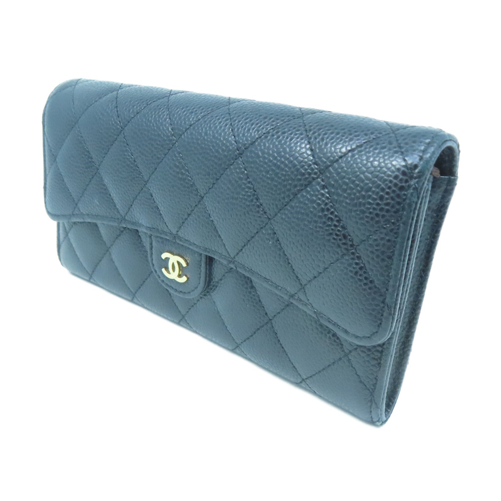 CHANEL Rhombus Caviar Leather Long Wallet Gold Buckle Long Wallet Black