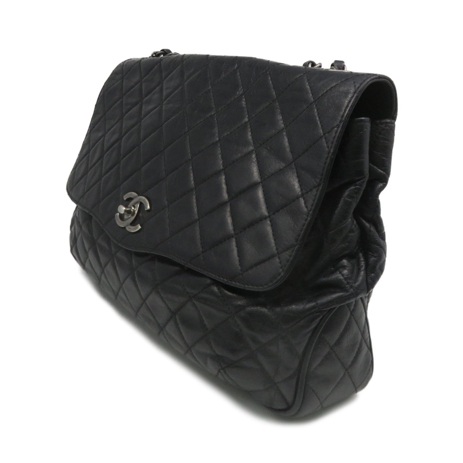 CHANEL 菱格牛皮皮革Chain Shoulder Bag銀扣鏈帶肩背袋黑色
