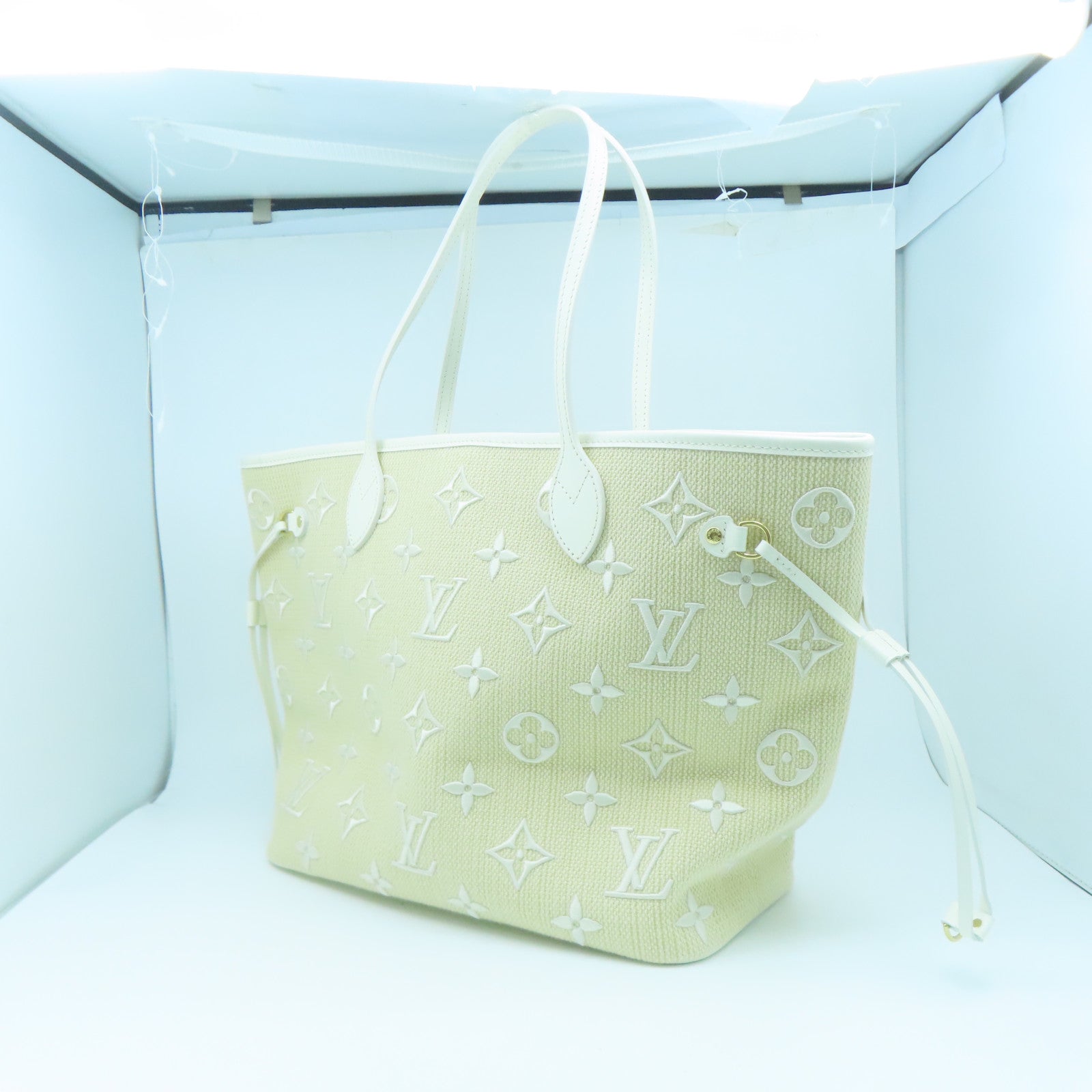 LOUIS VUITTON 牛皮皮革/蓮花棉/Monogram Neverfull MM金扣手挽袋白色