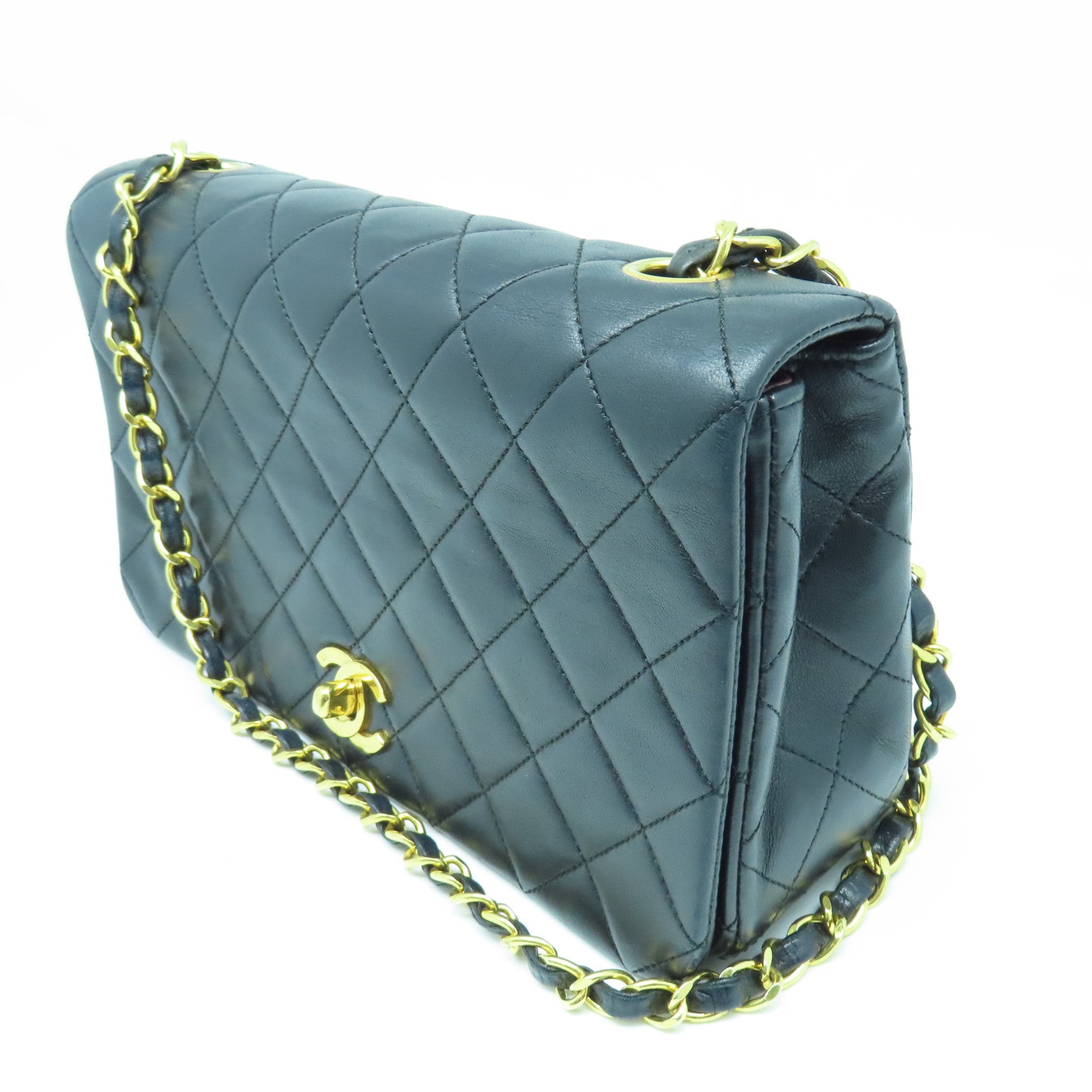 CHANEL 菱格羊皮皮革Chain Shoulder Bag金扣鏈帶肩背袋黑色