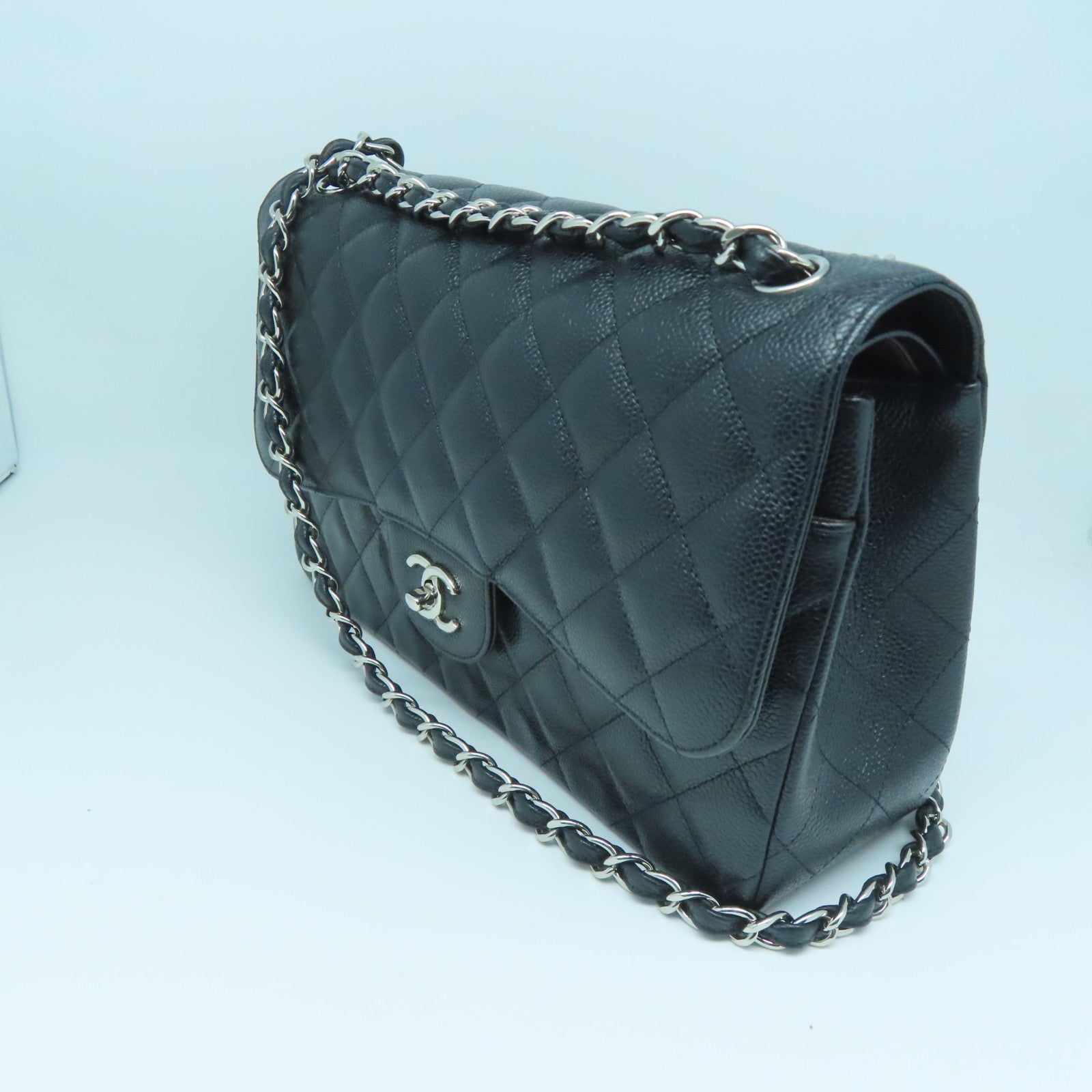 CHANEL 菱格牛皮皮革Chain Shoulder Bag银扣链带肩背袋黑色
