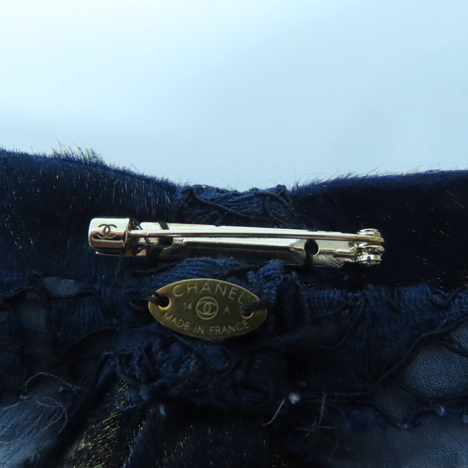 CHANEL Lace/皮革Ribbon Brooch金扣胸針藍色/金色