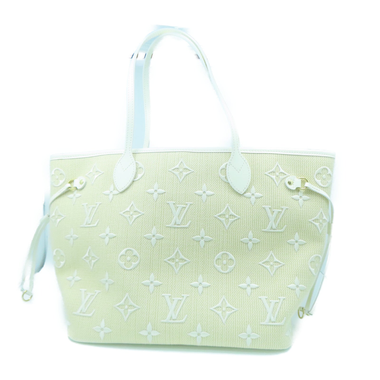 LOUIS VUITTON 牛皮皮革/蓮花棉/Monogram Neverfull MM金扣手挽袋白色