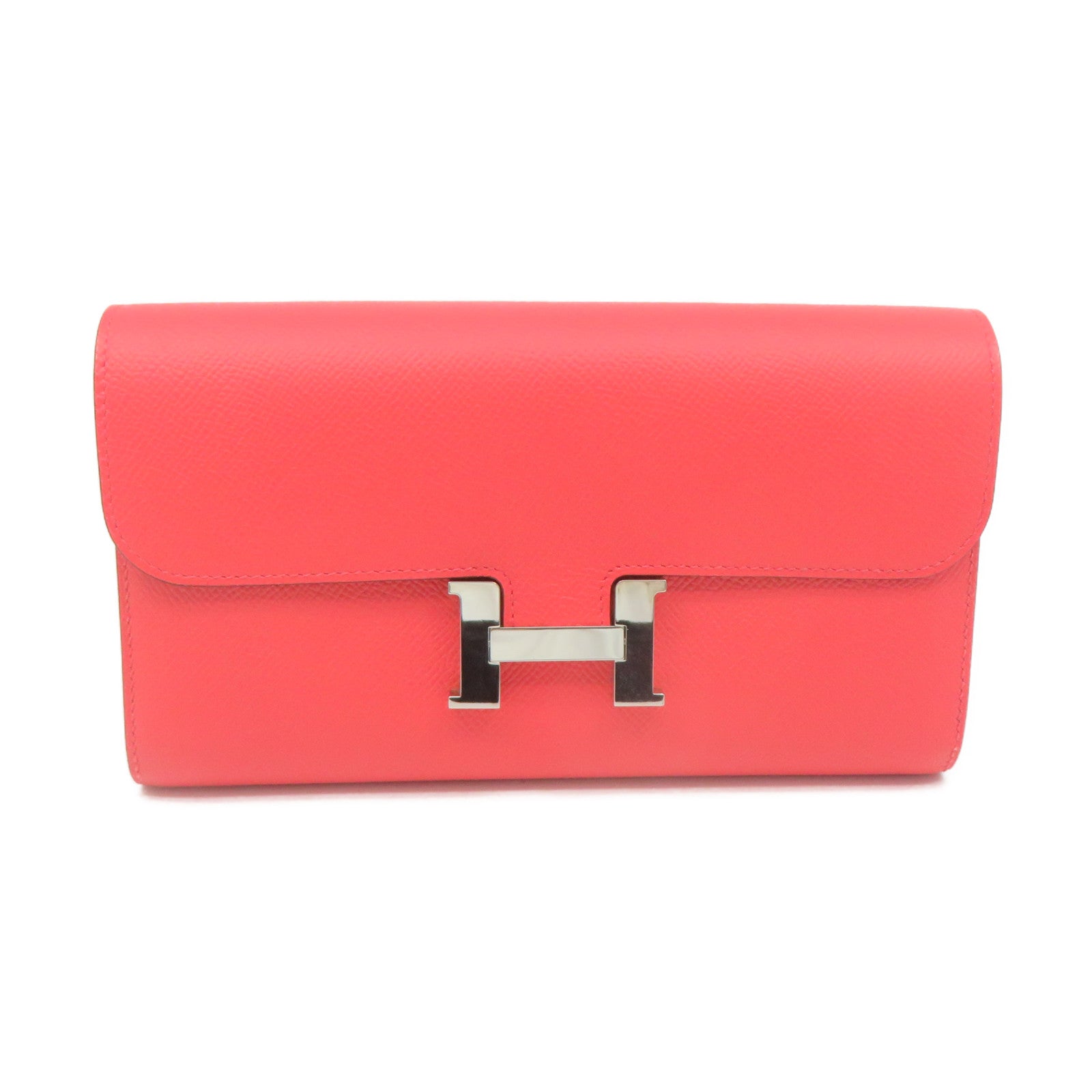 HERMES Epsom皮革Constance Wallet銀扣長錢包Rose Jaipur蜜桃紅色
