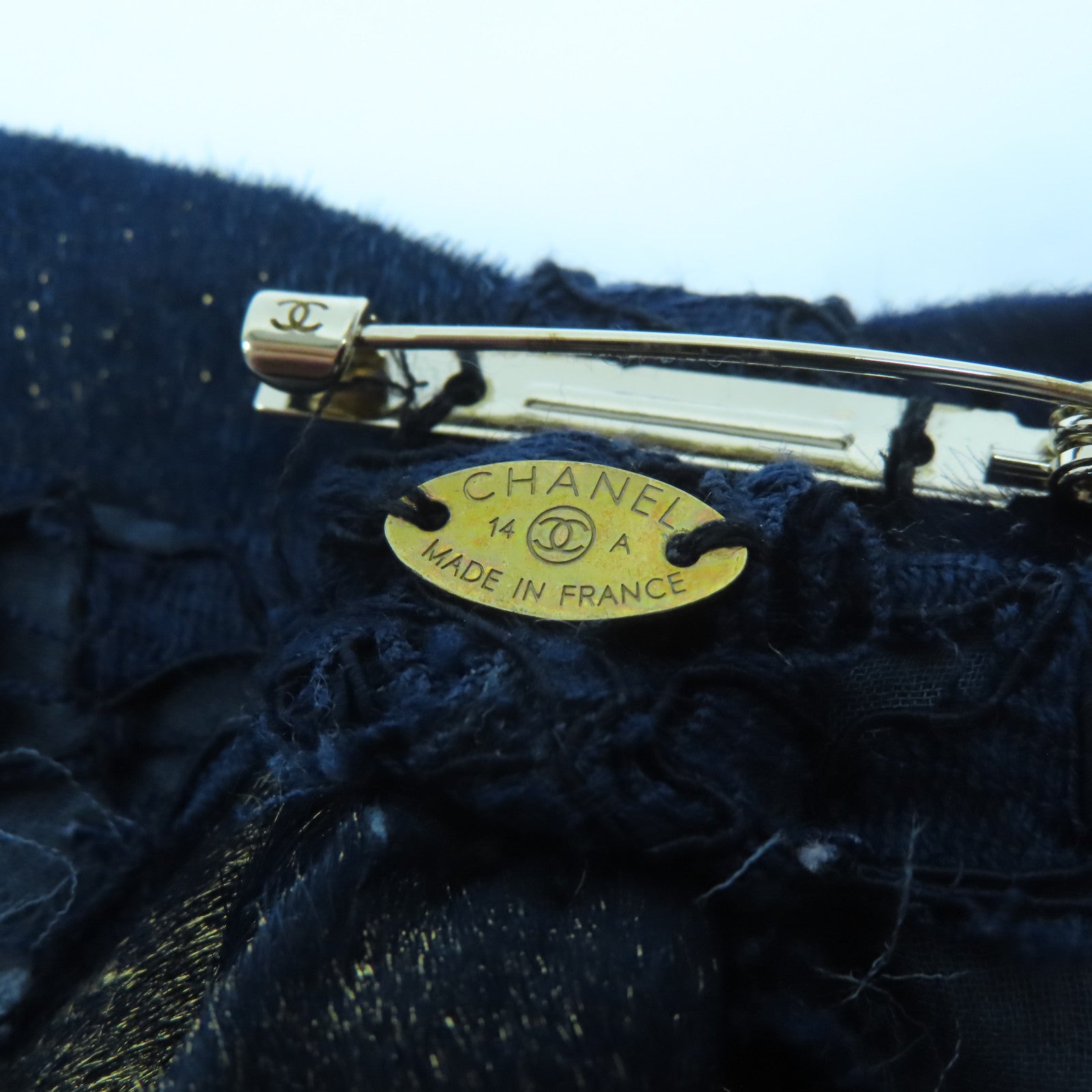 CHANEL Lace/皮革Ribbon Brooch金扣胸針藍色/金色