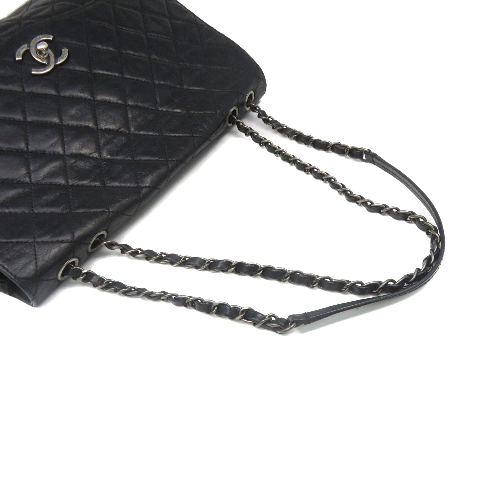 CHANEL 菱格牛皮皮革Chain Shoulder Bag銀扣鏈帶肩背袋黑色