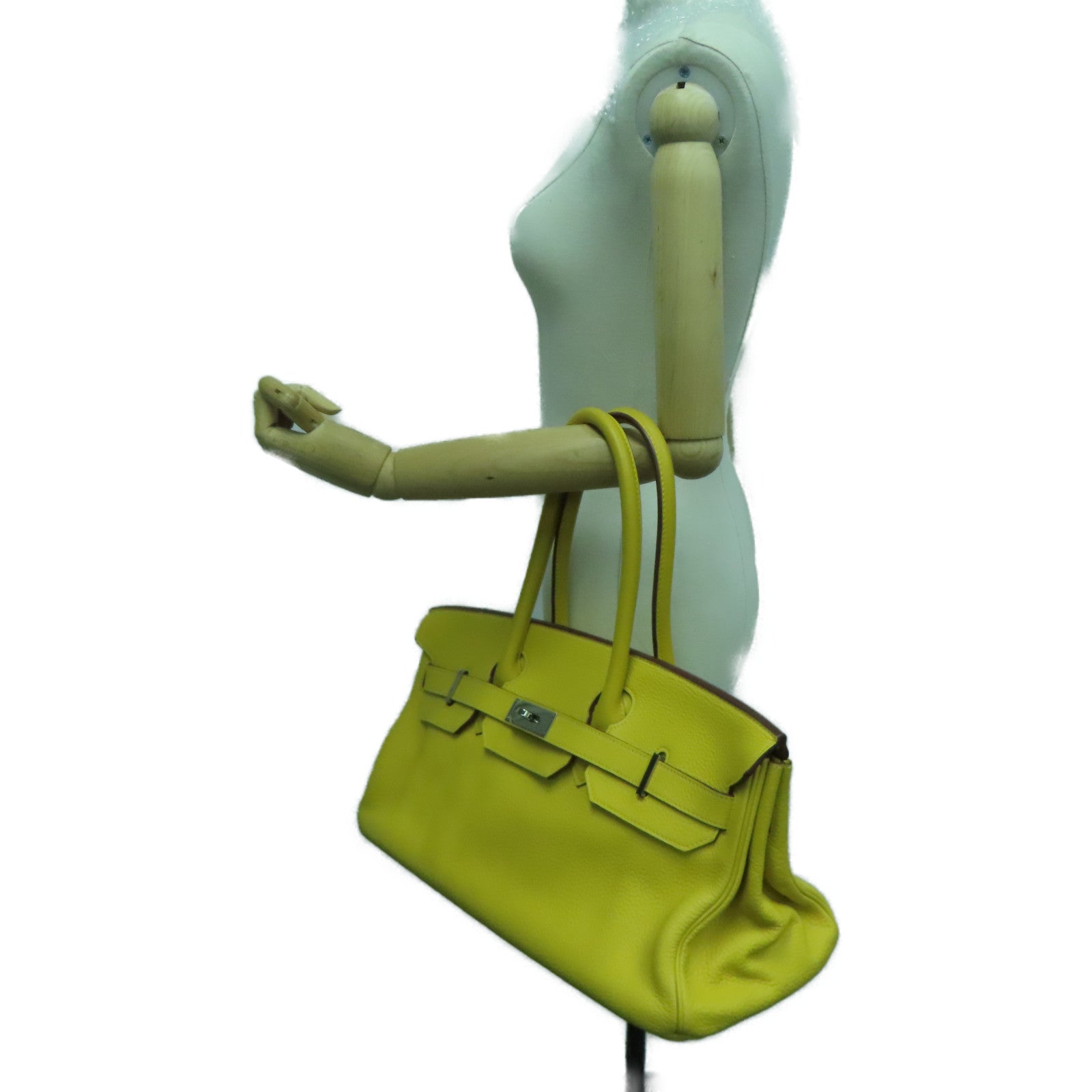 HERMES Clemence皮革Shoulder Birkin银扣手挽袋/肩背袋Jaune Ambre/黄色