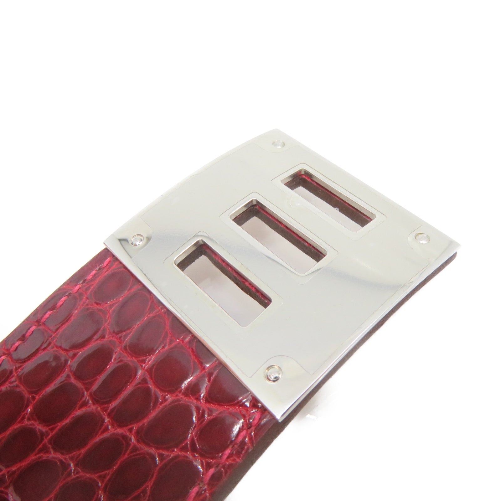 HERMES Croco Niloticus皮革Bangle銀扣手鐲酒紅色