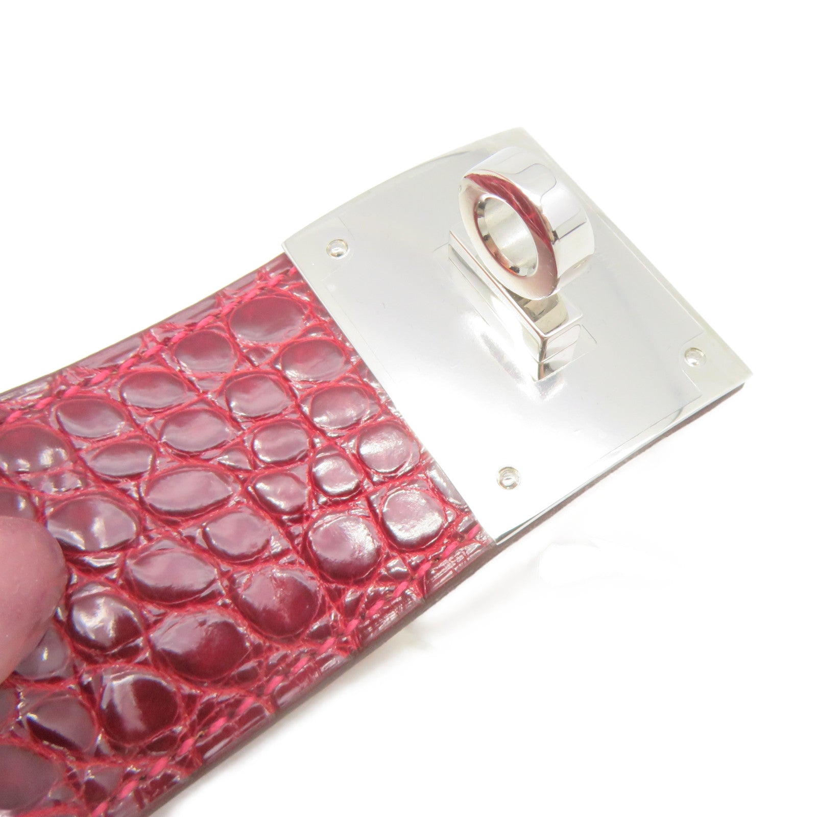 HERMES Croco Niloticus皮革Bangle銀扣手鐲酒紅色