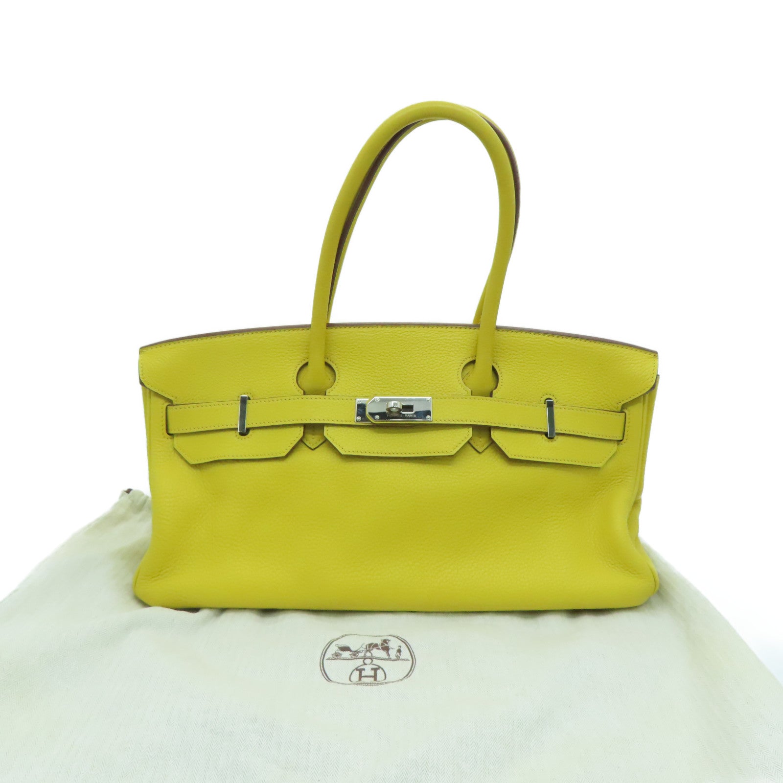HERMES Clemence皮革Shoulder Birkin银扣手挽袋/肩背袋Jaune Ambre/黄色