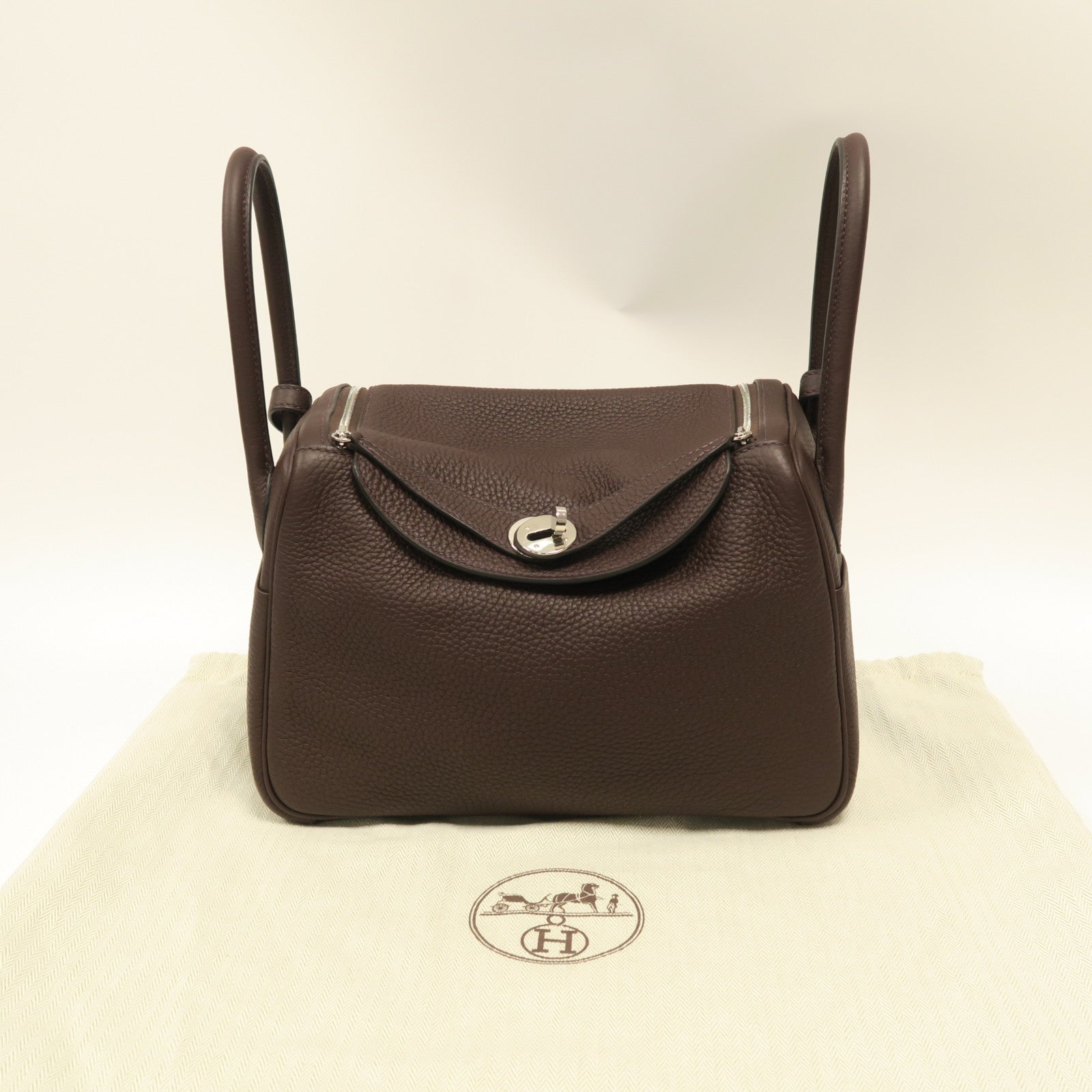HERMES Clemence皮革Lindy 26銀扣手挽肩背兩用袋紅棕色
