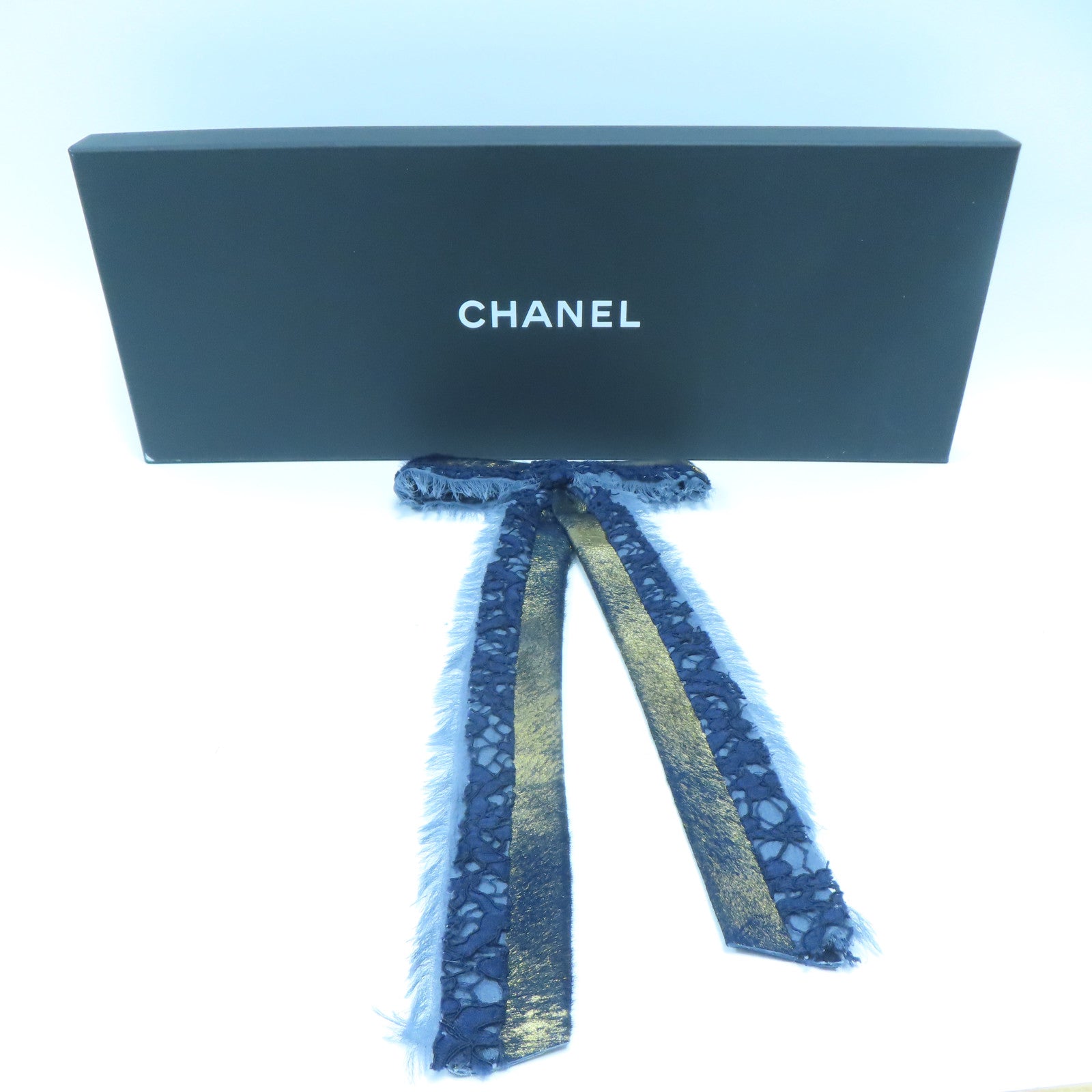 CHANEL Lace/皮革Ribbon Brooch金扣胸針藍色/金色