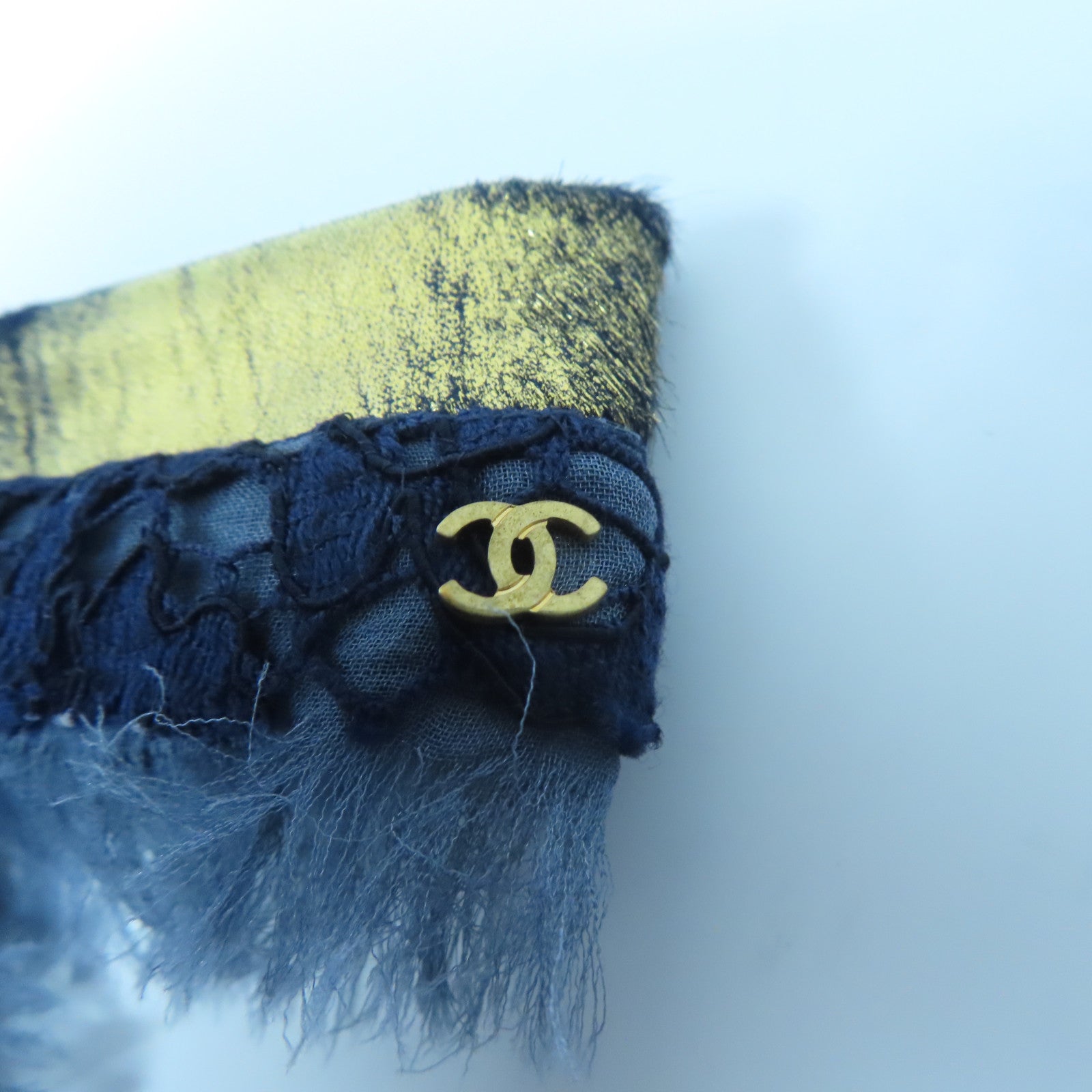 CHANEL Lace/皮革Ribbon Brooch金扣胸針藍色/金色